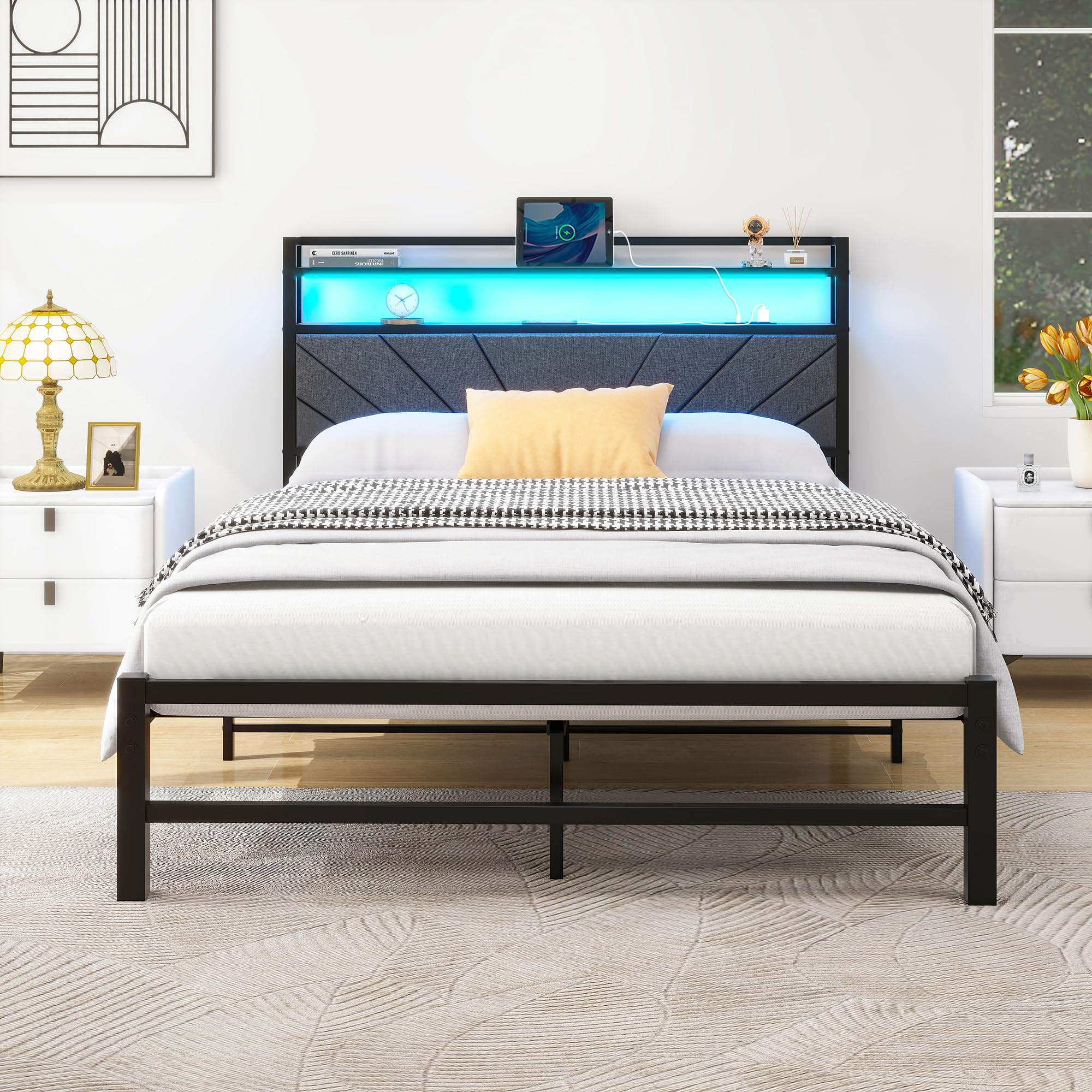 VERFARM 4ft6 Double Bed Frame with LED Storage Headboard & Charging Station