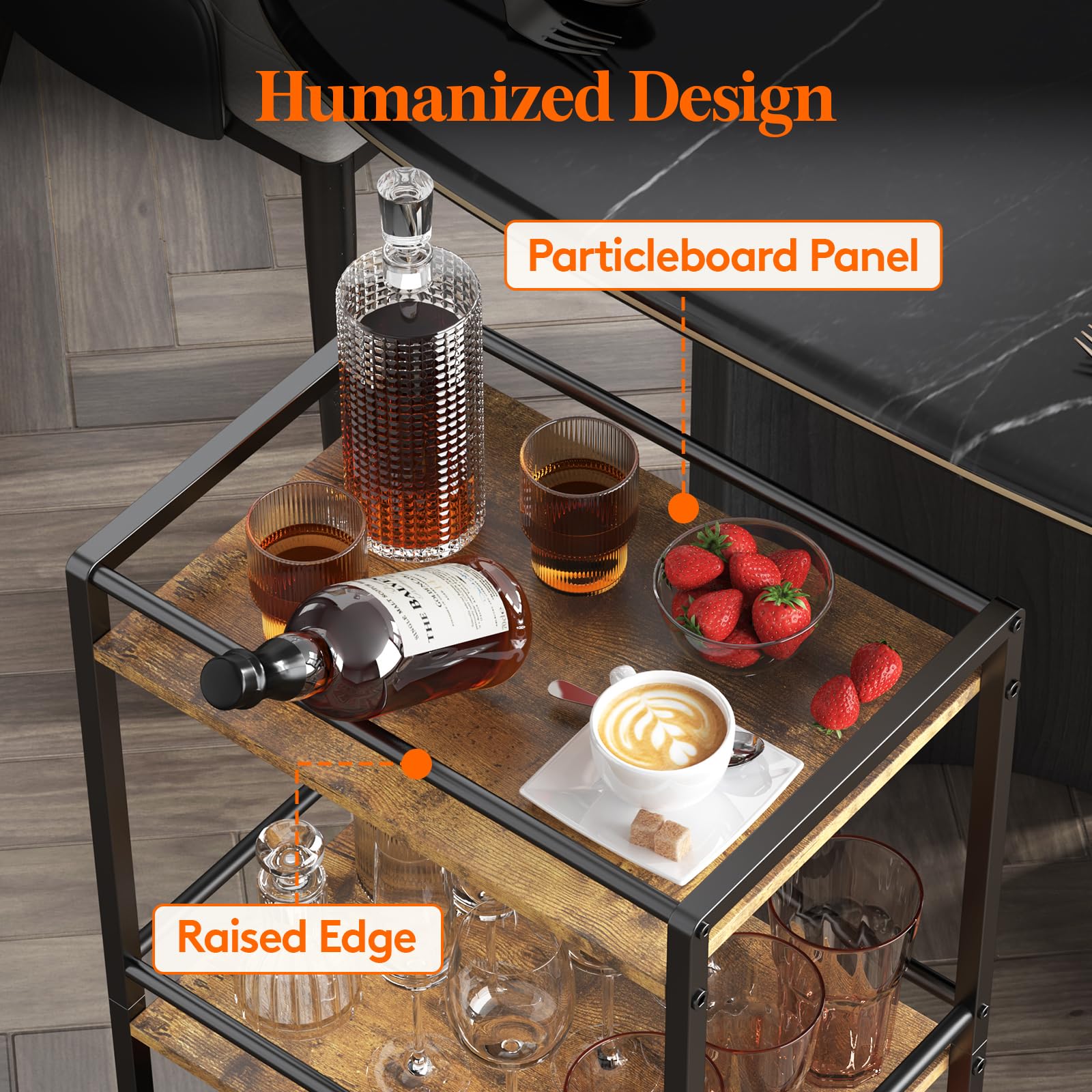 Lifewit 3-Tier Rolling Bar Cart | Rustic Brown Metal Serving Trolley