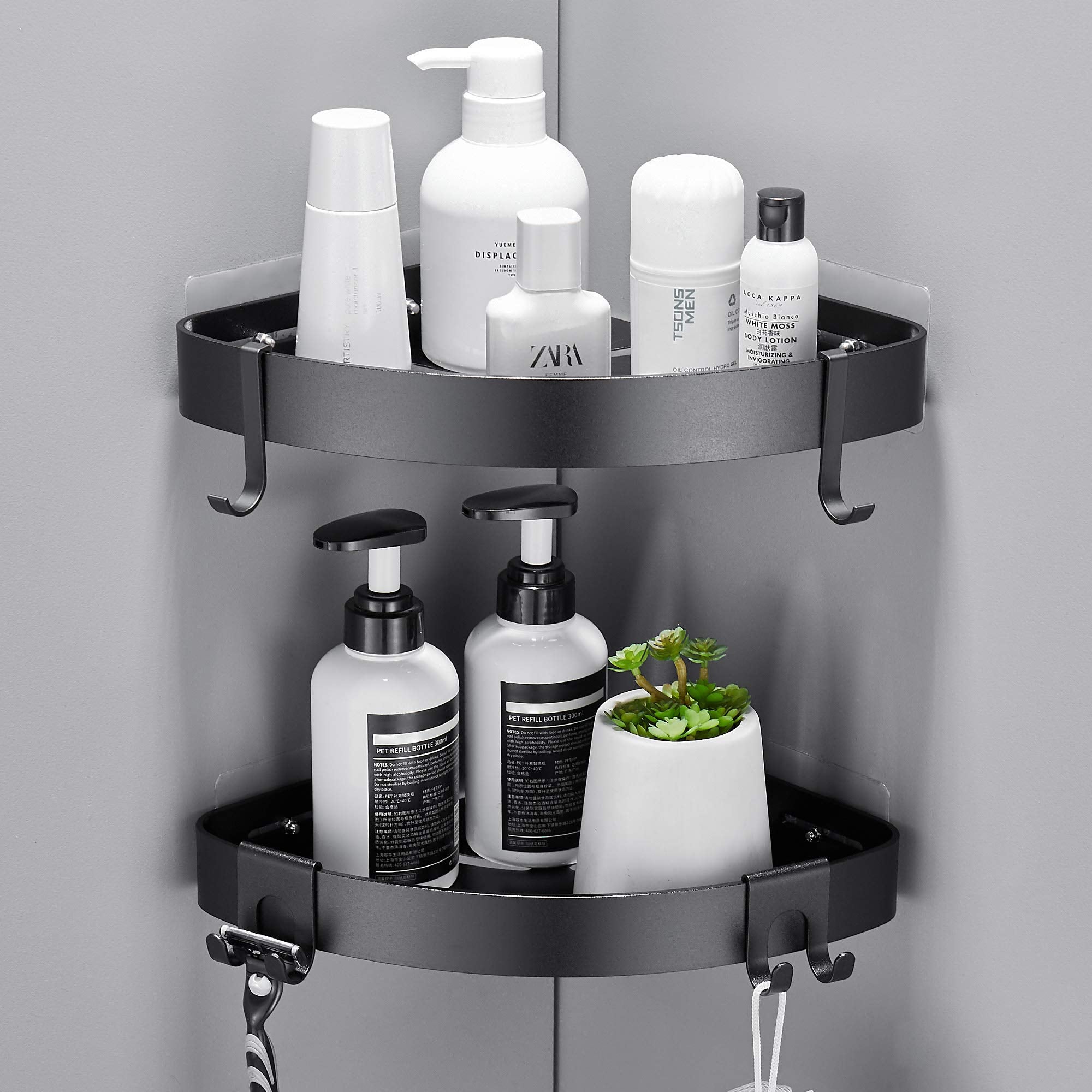 GERUIKE Matte Black Corner Shower Caddy – No Drill Adhesive Shelf 2 Pack
