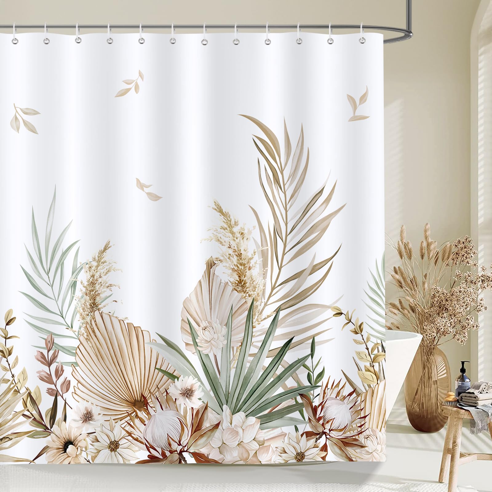 Bonhause Boho Palm Leaf Shower Curtain | Waterproof Polyester, 180x180cm