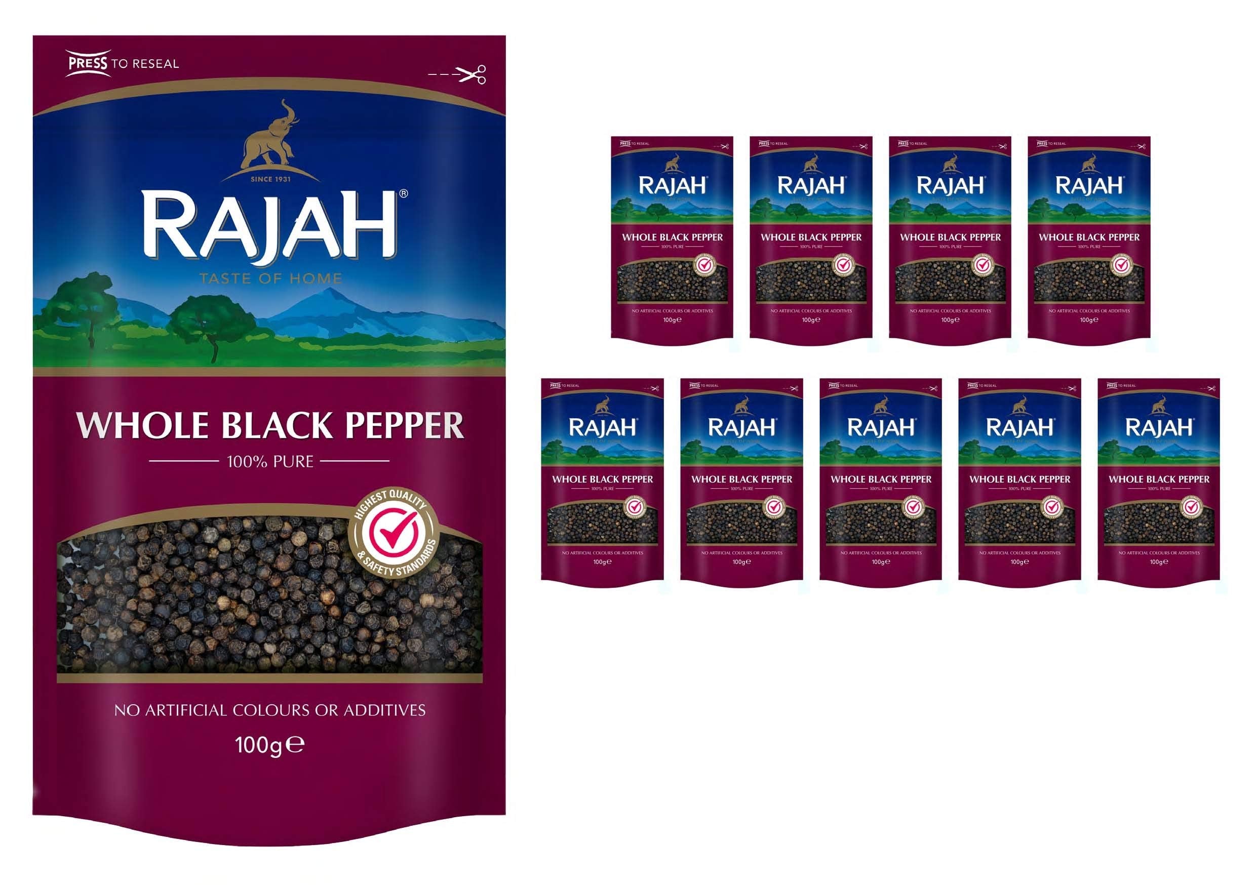 Rajah Whole Black Pepper - 100% Pure Piper Nigrum Spices (10 x 100g)