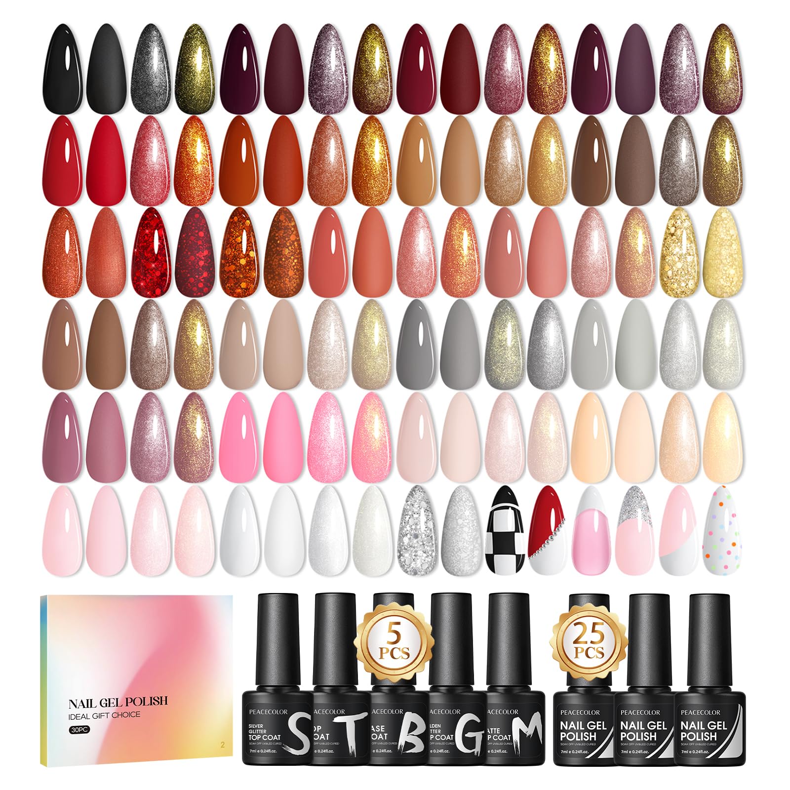 PEACECOLOR 30PCS Gel Nail Polish Set | Soak Off Kit with Top & Base Coat
