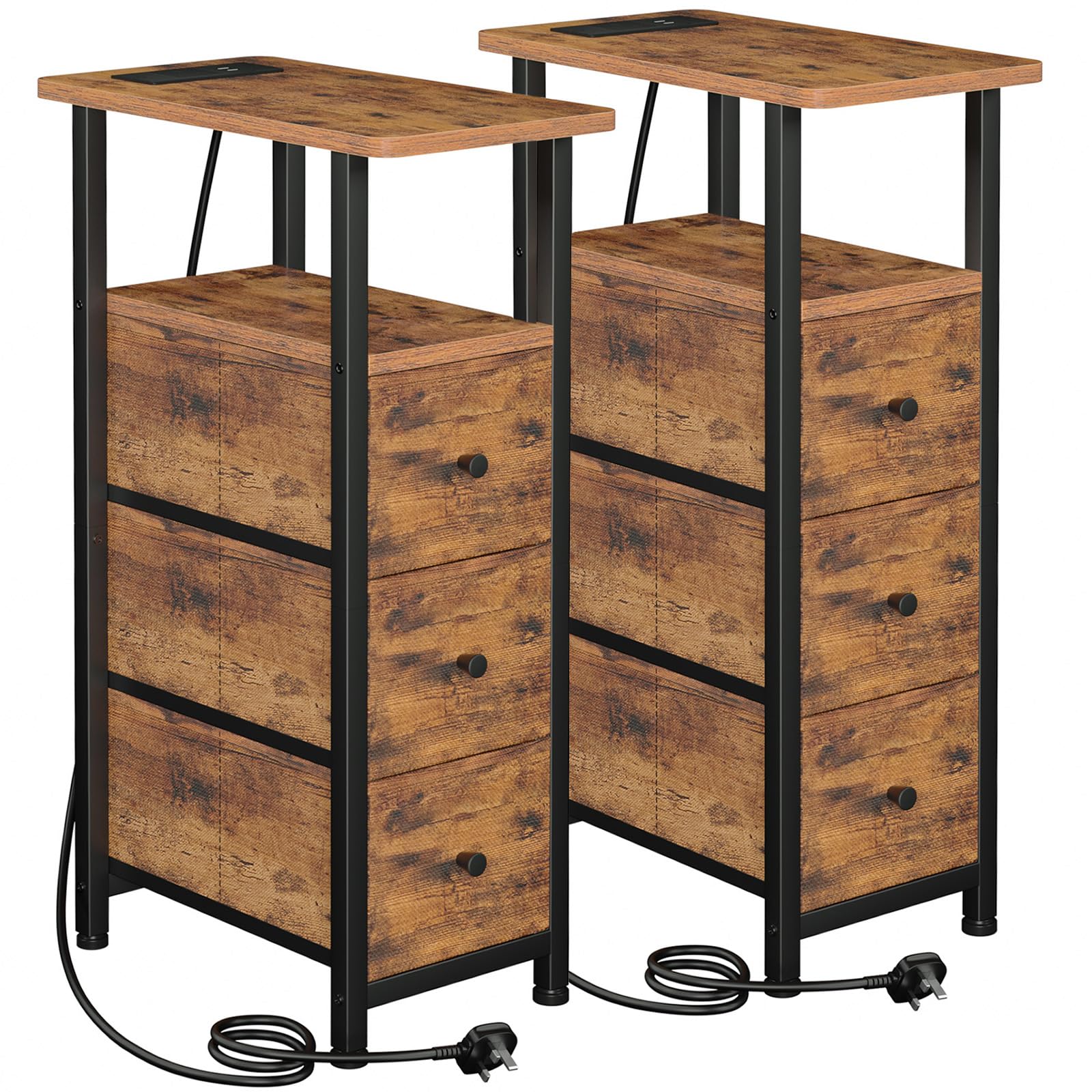 LOAKEKEL Slim Bedside Table Set of 2 | Narrow Nightstand with Charging Station