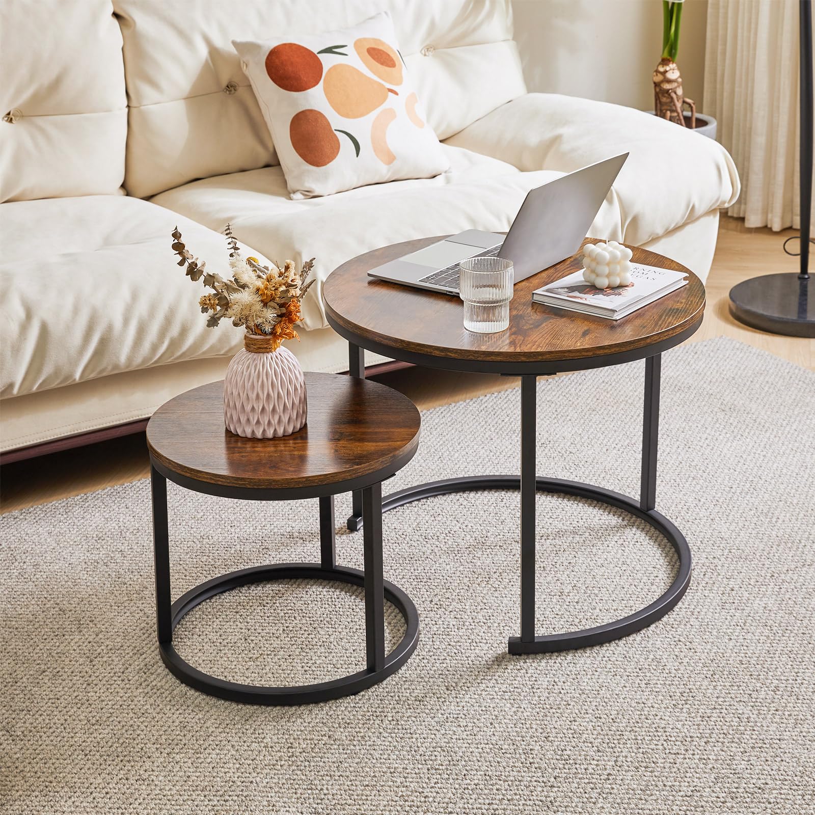 IBUYKE Round Nesting Coffee Table Set of 2 – Rustic Brown Wood & Metal
