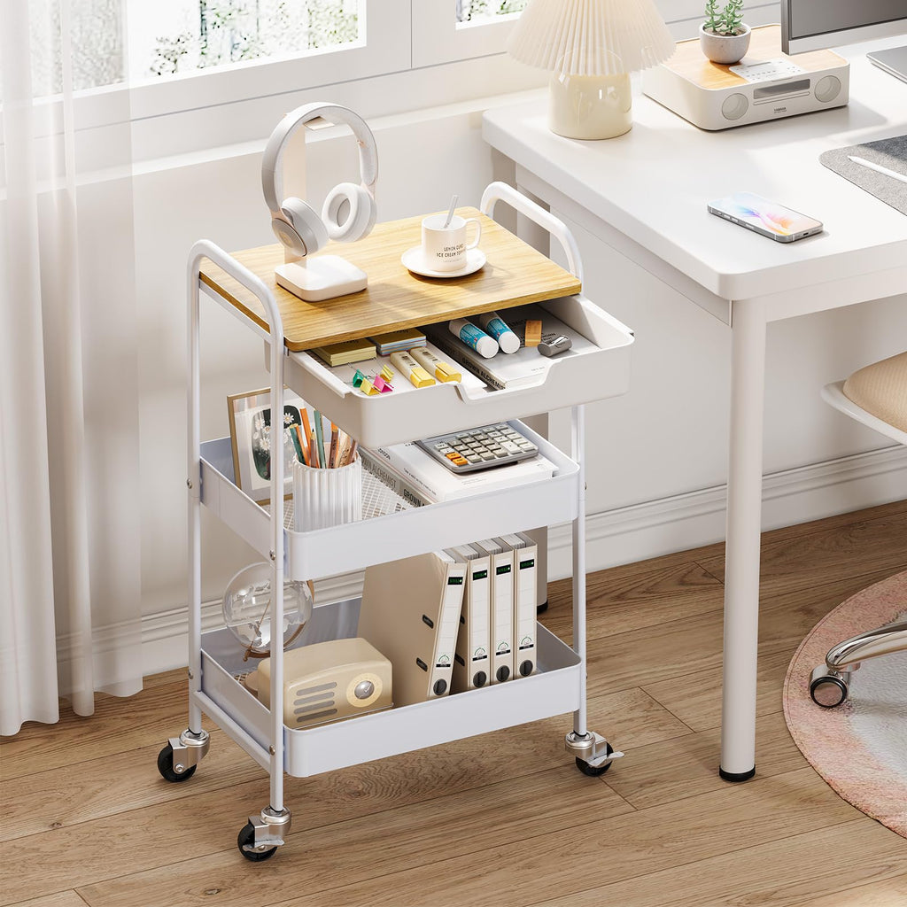 KINGRACK 3-Tier Rolling Utility Cart with Wooden Board and Drawer