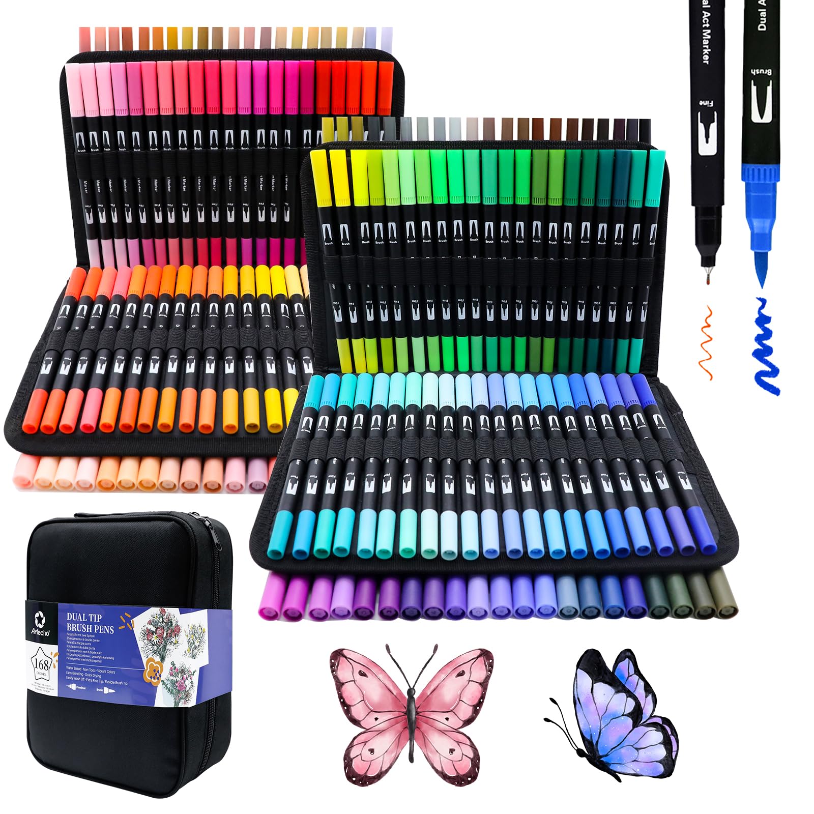 Artecho 168 Dual Tip Brush Pens | Fineliner & Nylon Tip Art Markers