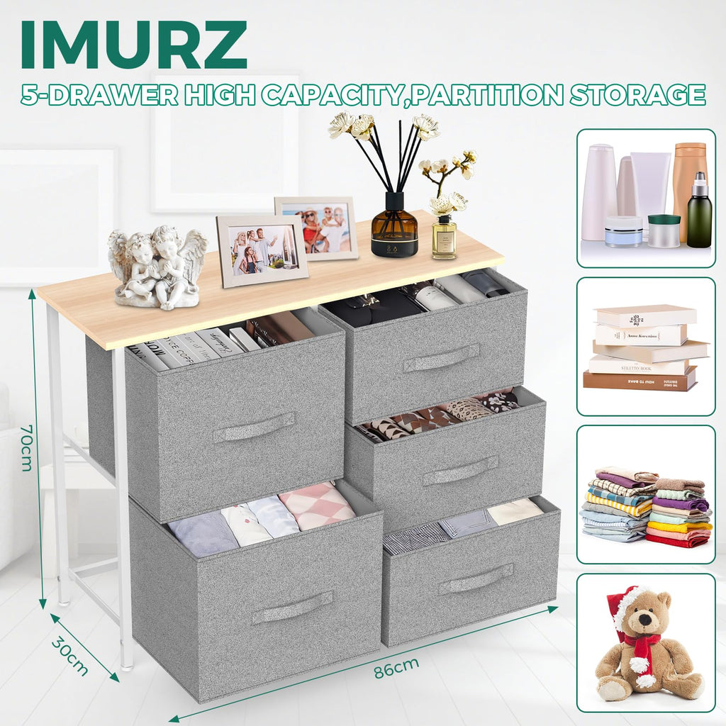 IMURZ Fabric Chest of Drawers | 5-Drawer Storage Unit with Steel Frame