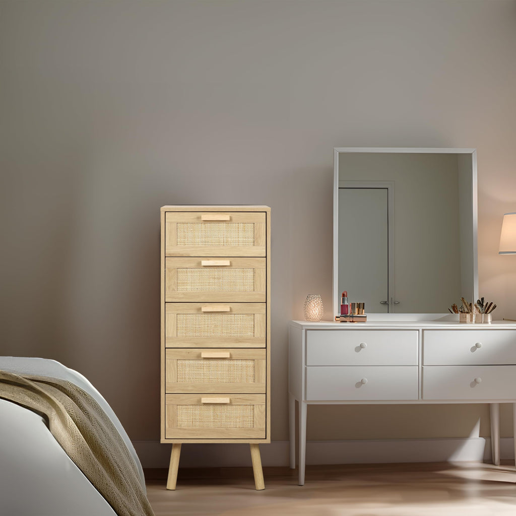 Finnhomy 5-Drawer Rattan Chest of Drawers – Tall Boho Bedroom Dresser