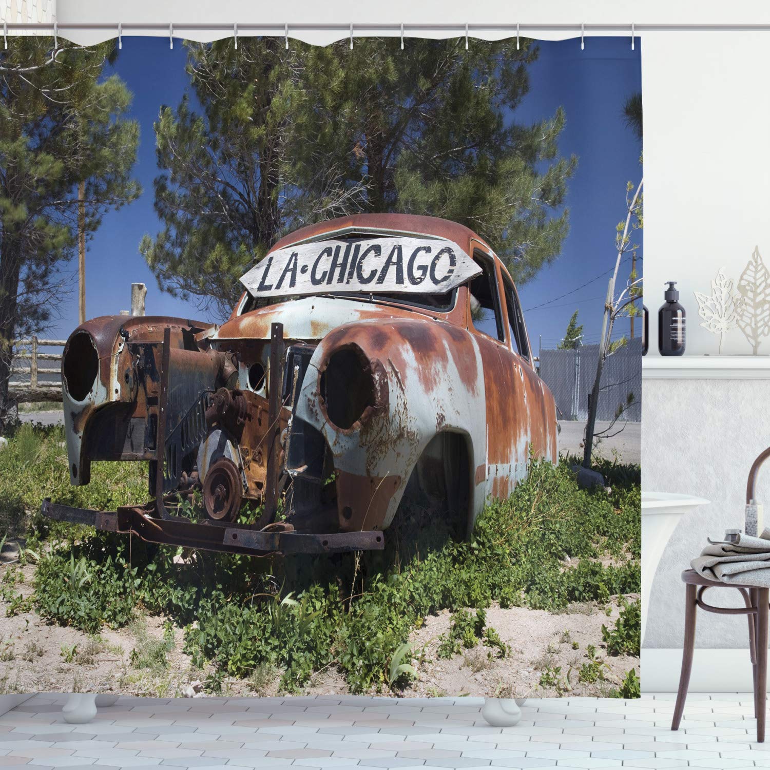 ABAKUHAUS Vintage Route 66 Car Shower Curtain | Waterproof Fabric Decor
