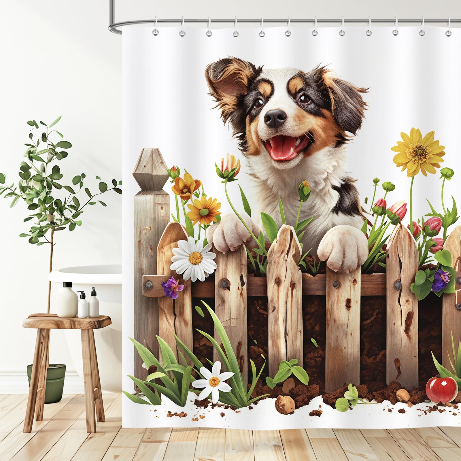 Hopomoon Funny Dog Shower Curtain – Waterproof Farmhouse Floral Decor, 180x180cm