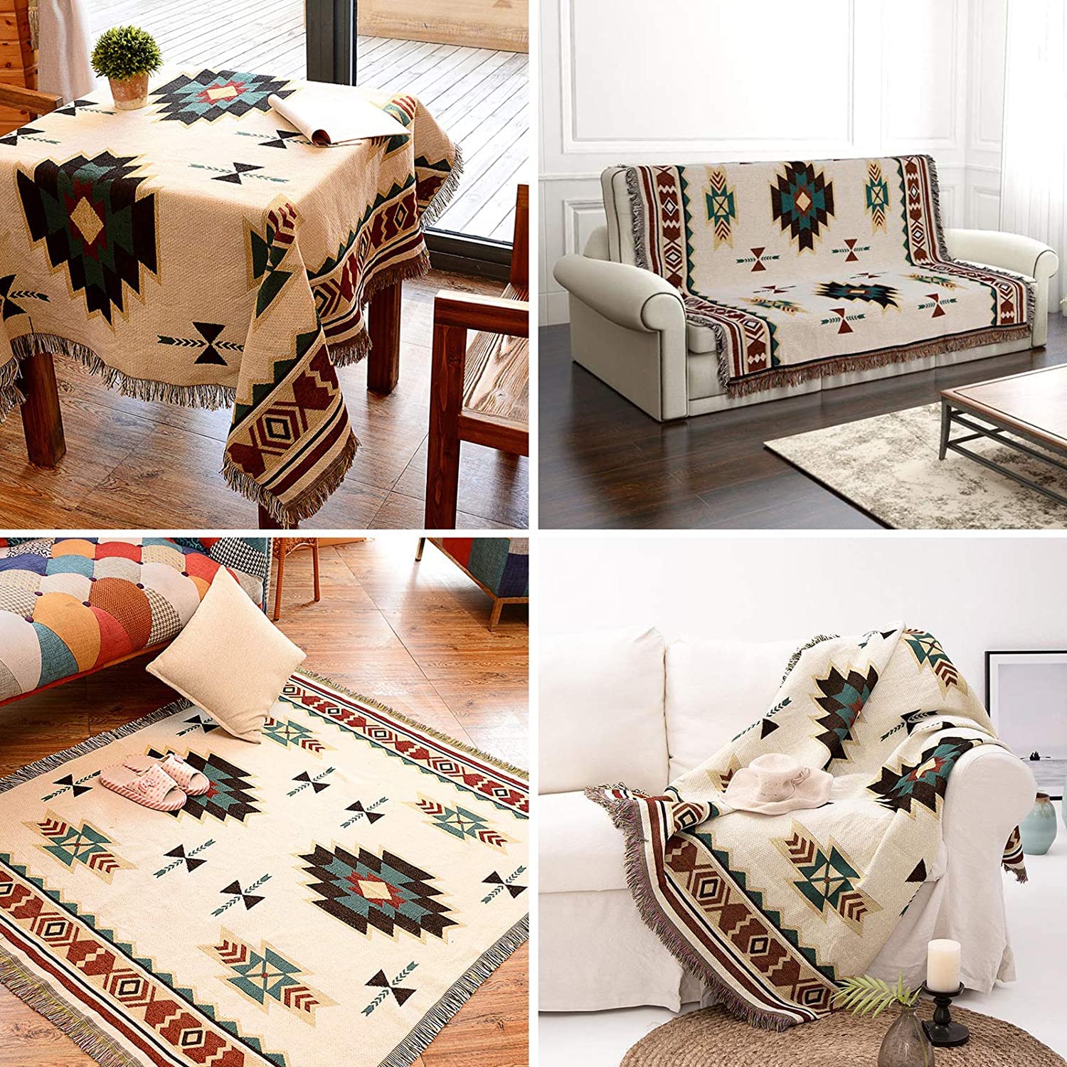 VANJOROY Aztec Cotton Throw Blanket | Handwoven Tribal Sofa Cover with Tassels