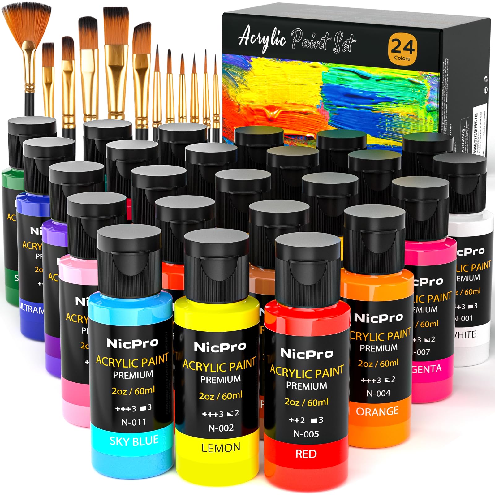 Nicpro 24 Colors Acrylic Paint Set with 12 Brushes | Non-Toxic Art Kit