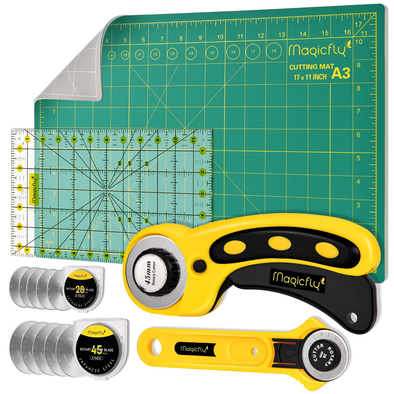 Magicfly Rotary Cutter Set | Quilting Kit with A3 Mat and Acrylic Ruler