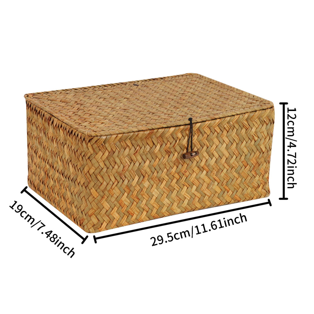 FEIALNDUO Wicker Shelf Baskets with Lid,Seagrass Storage Basket Bins Rectangular Handwoven Basket Boxes for Shelves Desktop Home Organizer - image 5