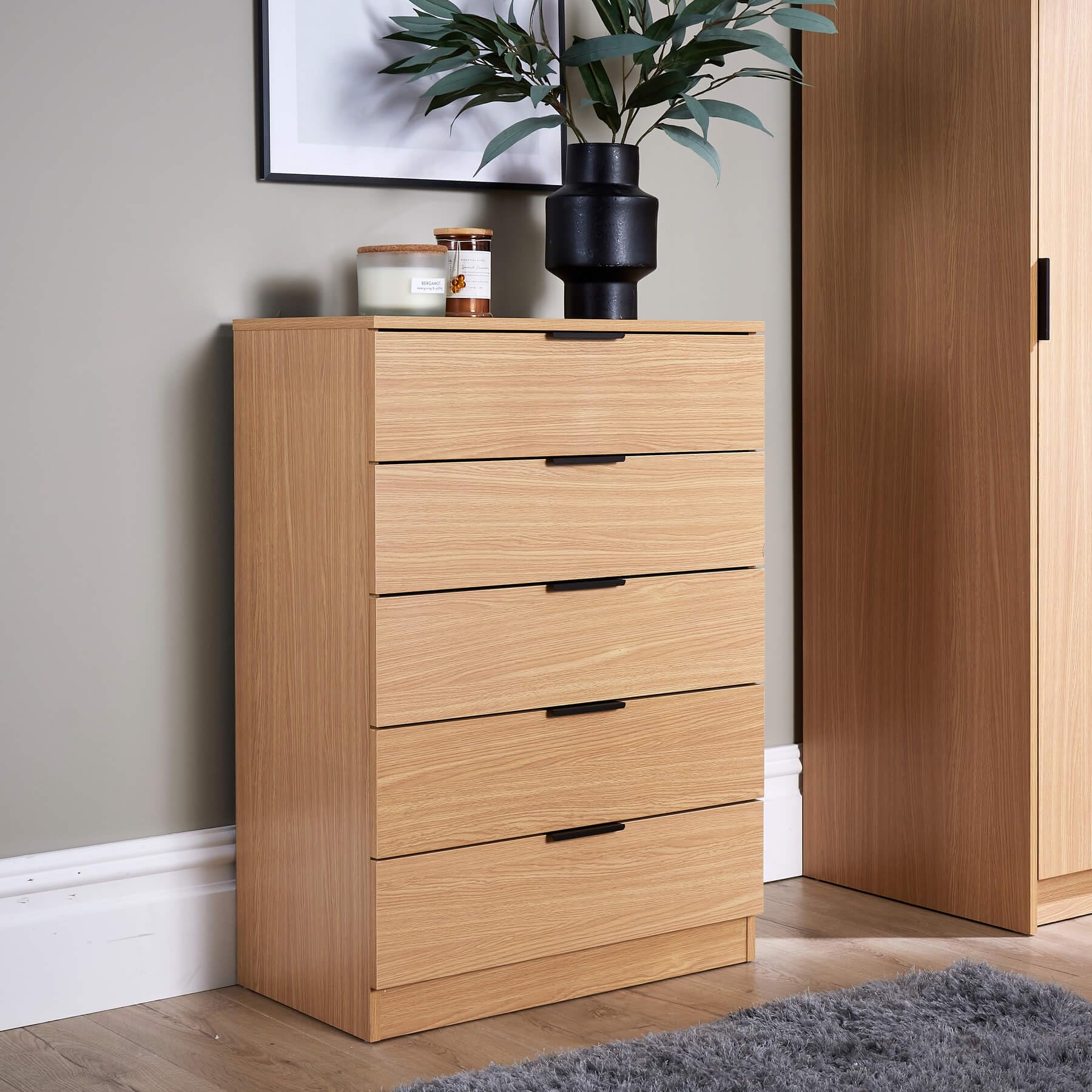 5 Drawer Chest of Drawers | Oak Effect Bedroom Cabinet