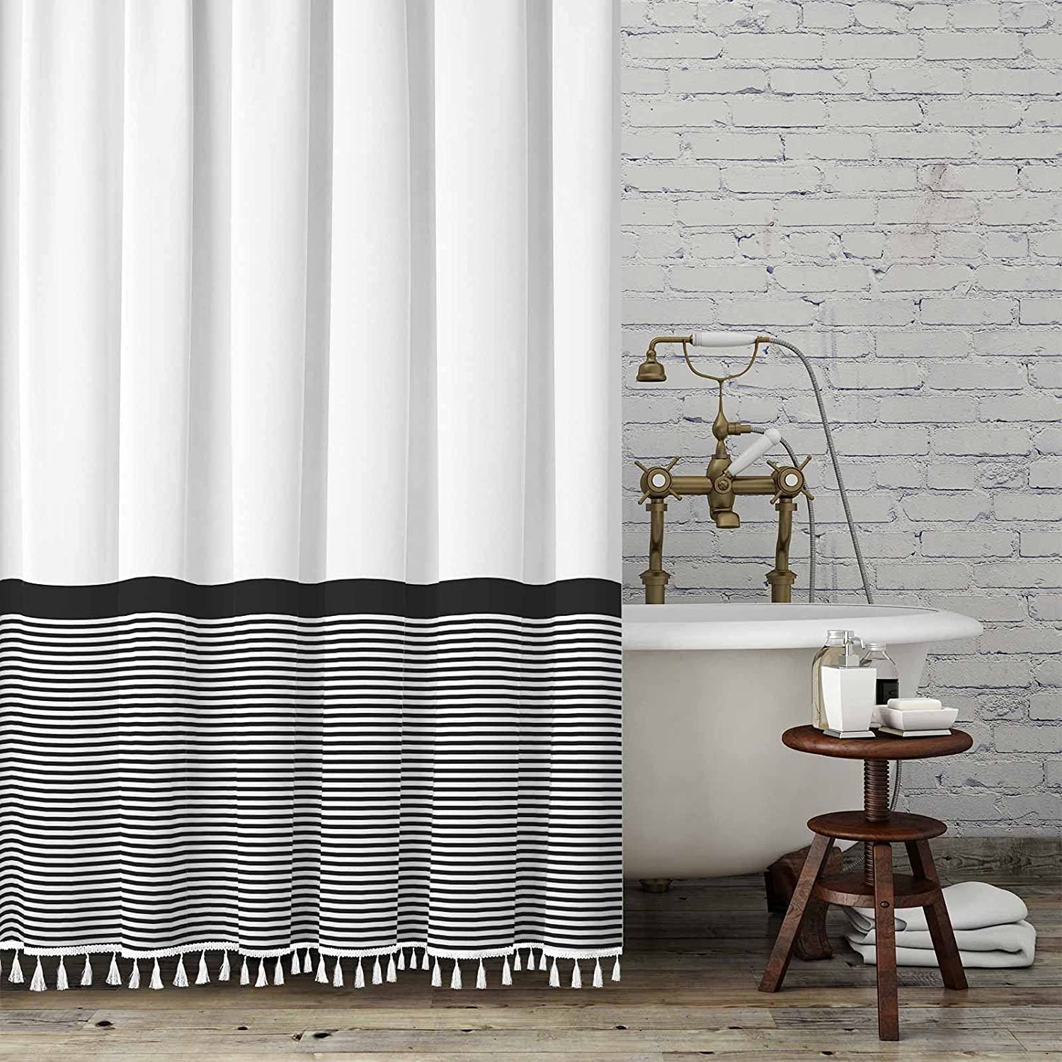 Seasonwood Black and White Striped Shower Curtain with Tassels, 72x72