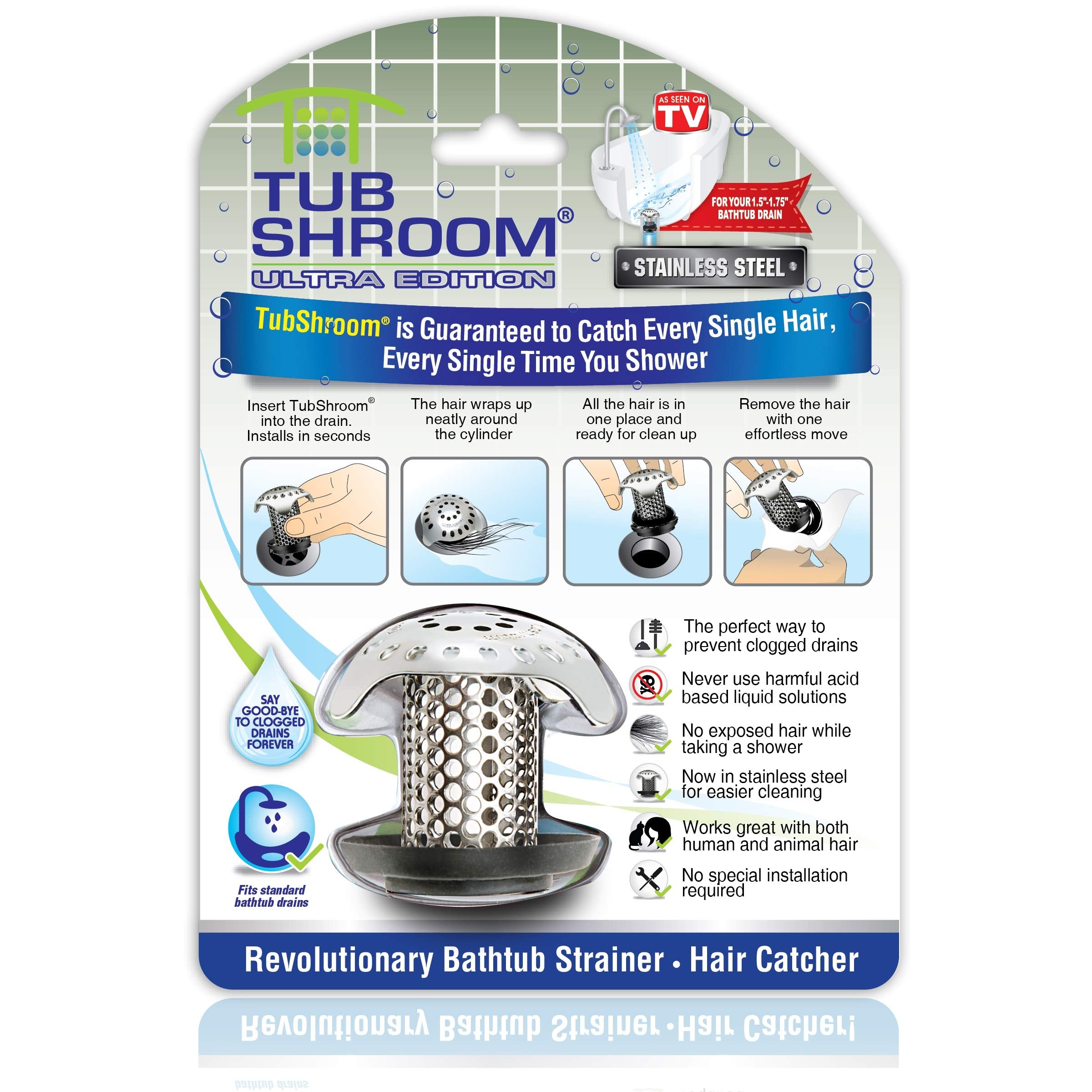 TubShroom Ultra Stainless Steel Bathtub Hair Catcher Drain Protector