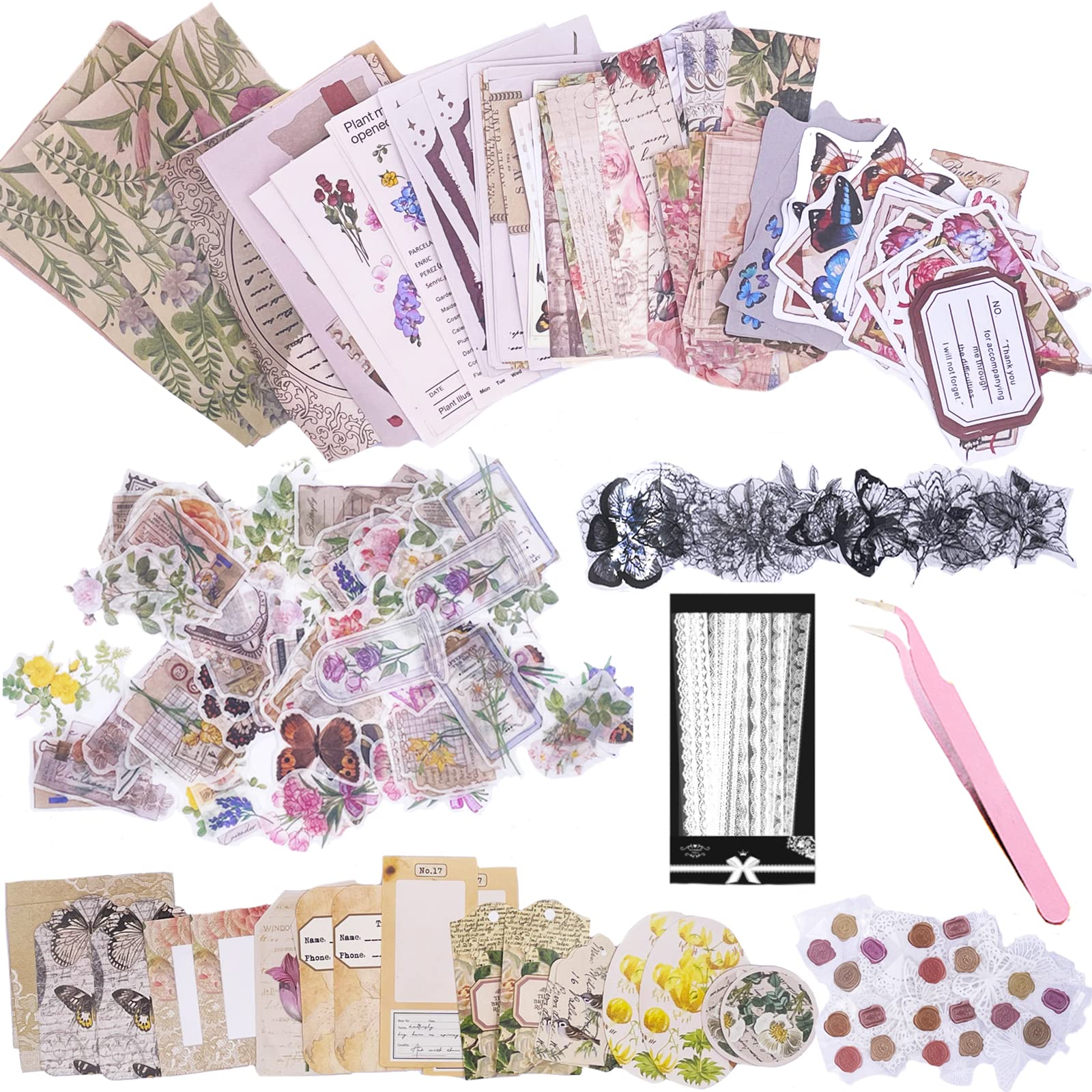 Carreuty 290pcs Vintage Scrapbooking Stickers & Paper Kit | Retro Flower