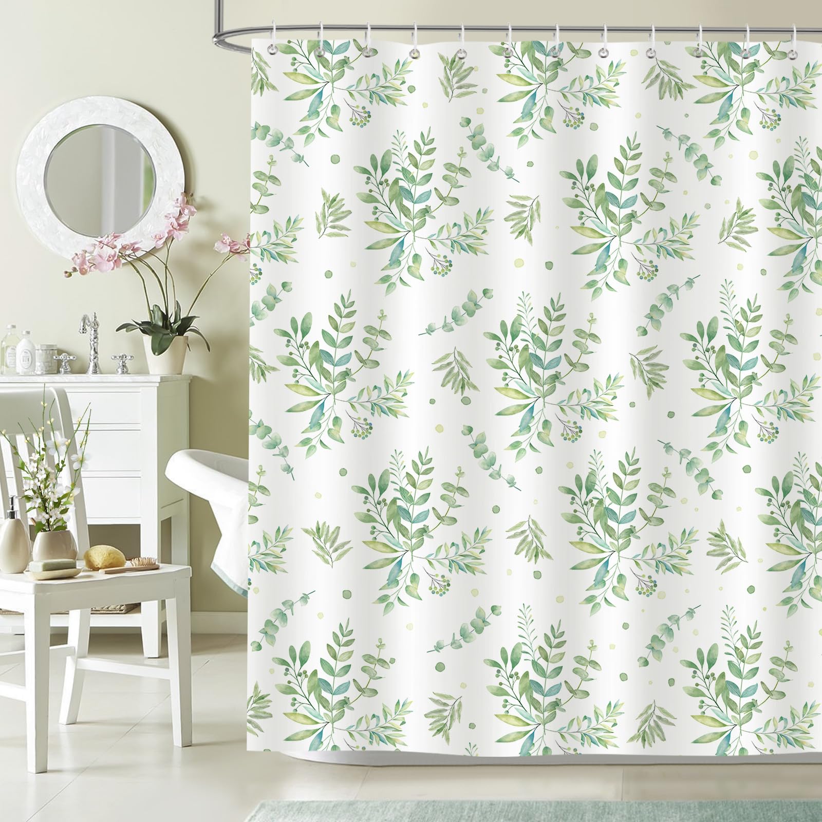 Dazzlewall Green Leaves Botanical Shower Curtain | Waterproof Polyester