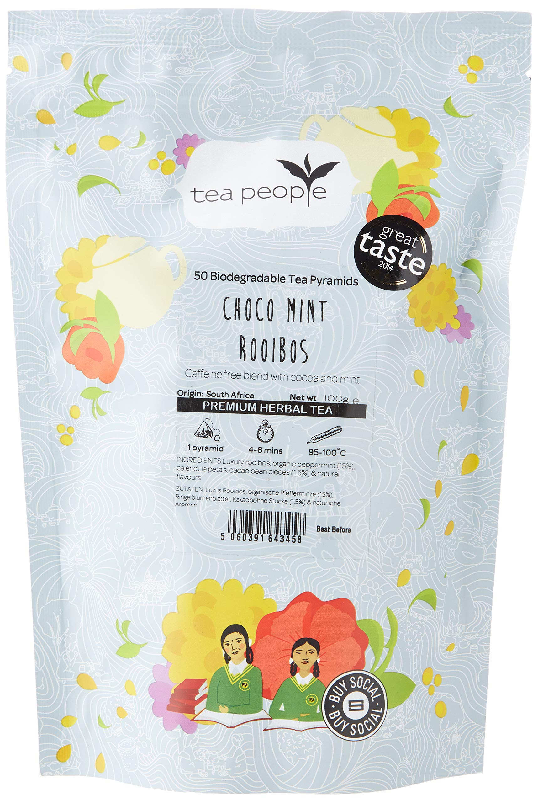 Tea People Choco Mint Rooibos – Caffeine-Free Herbal Tea, 50 Pyramids