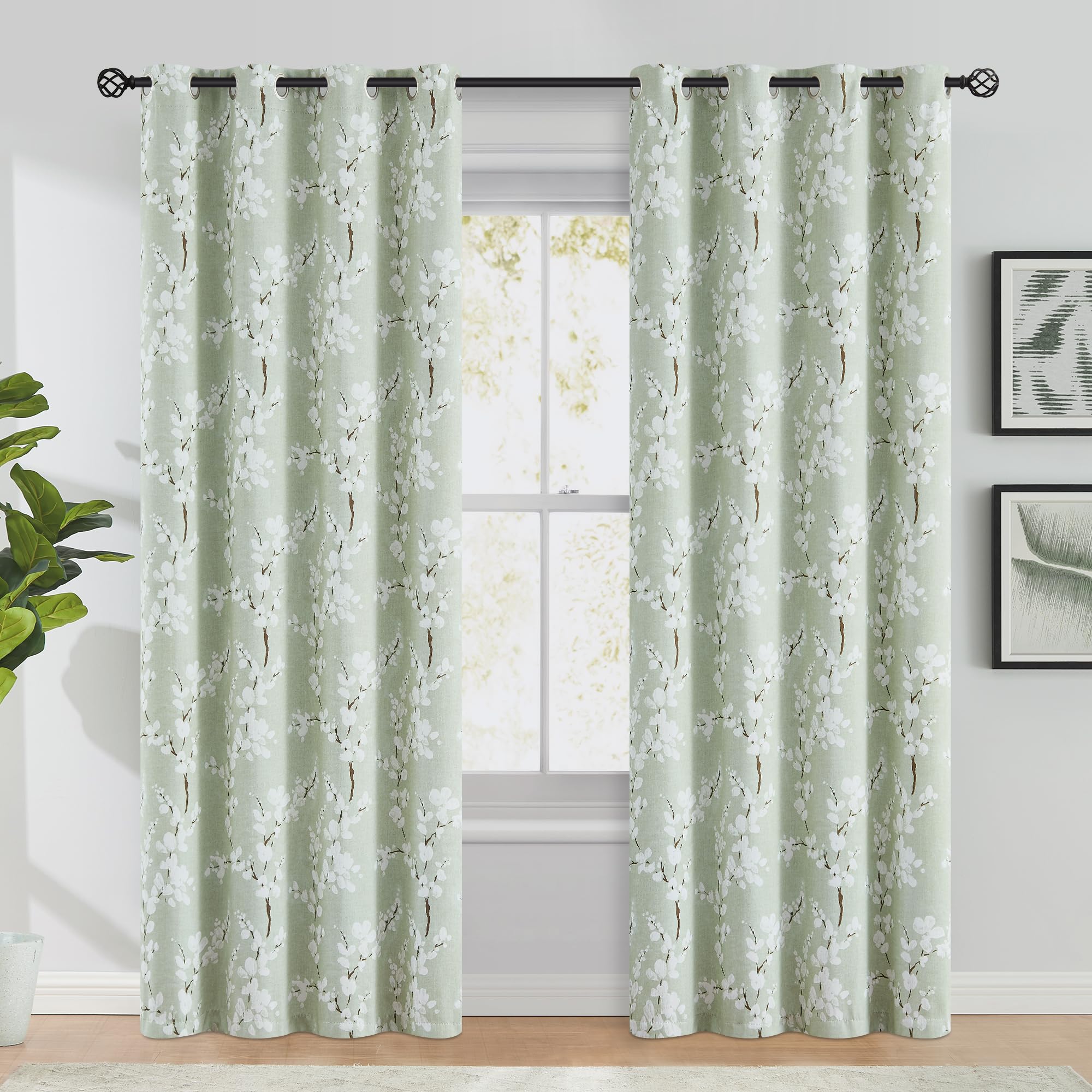 Fmfunctex Green Floral Blackout Curtains - 90 Inch Thermal Eyelet Drapes