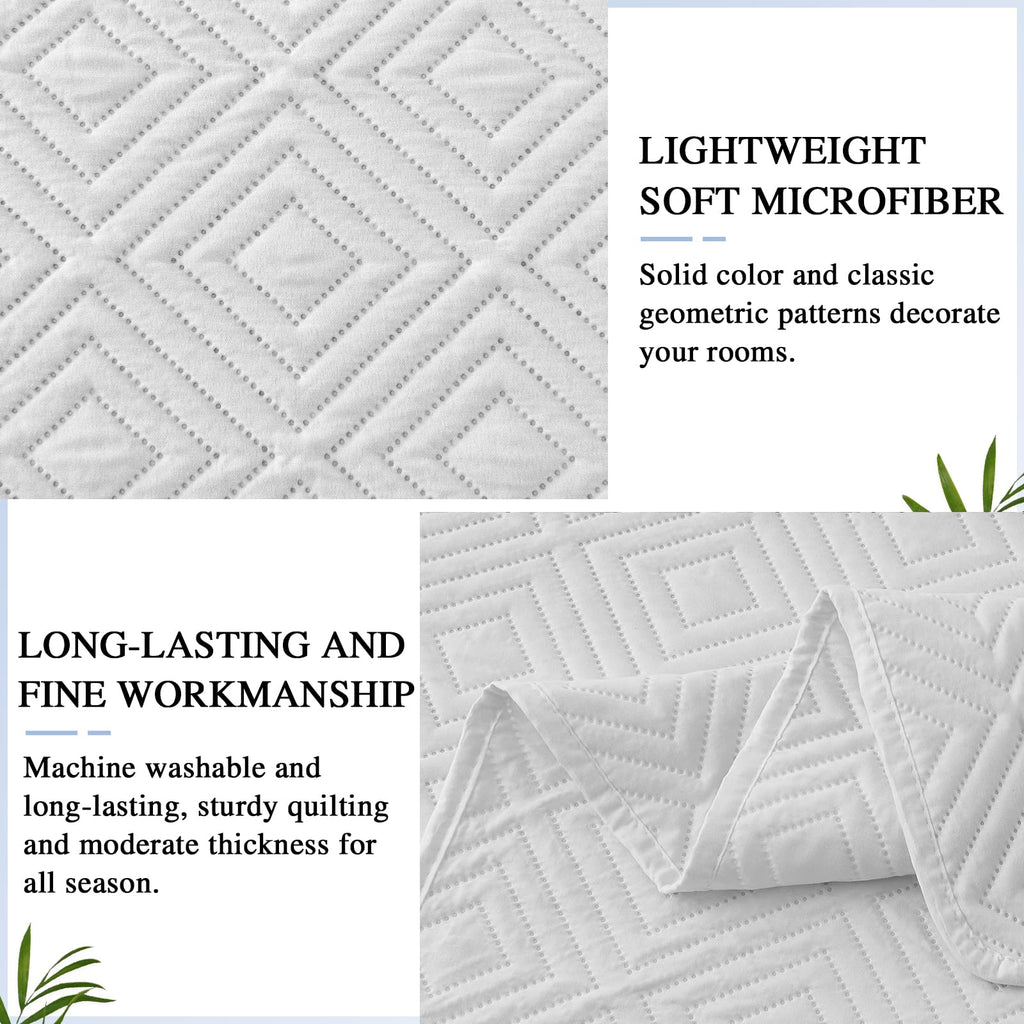 Qucover Super King White Quilted Bedspread – 3-Piece Geometric Summer Quilt