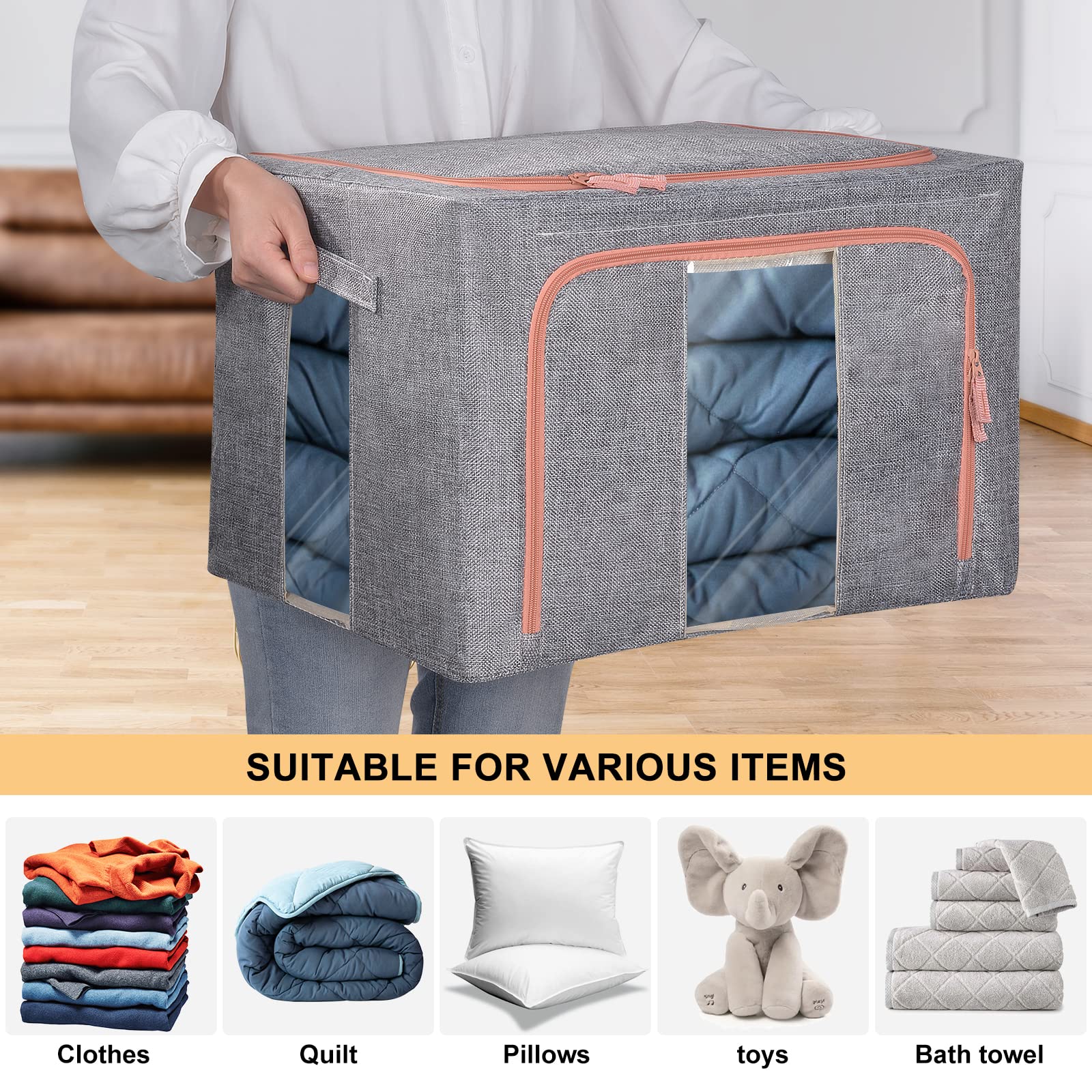 66L Steel Frame Storage Box – Stackable Cotton Linen Bin (3-Pack)