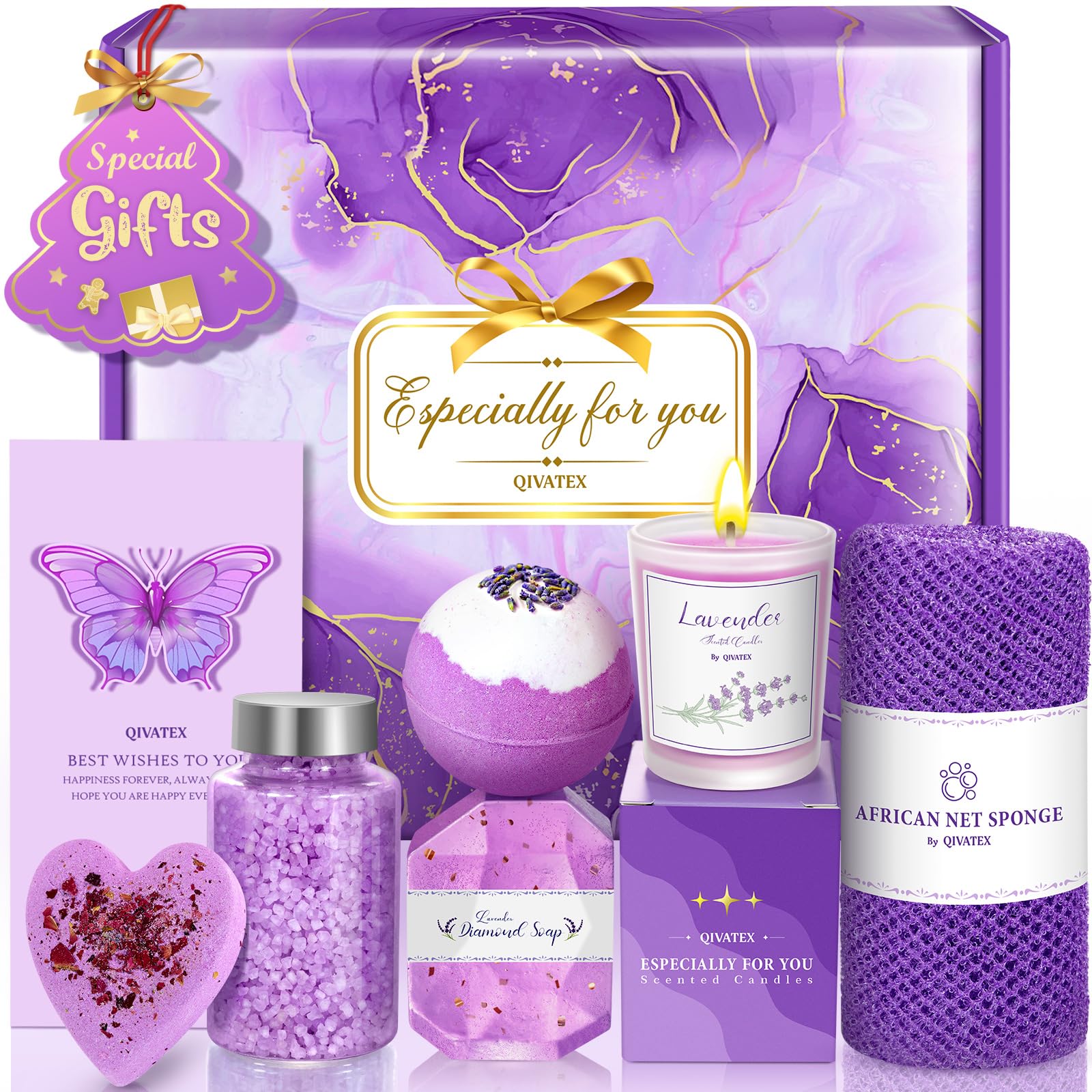 Qivatex Lavender Spa Gift Set for Women | 7-Piece Self Care Bath & Body Kit