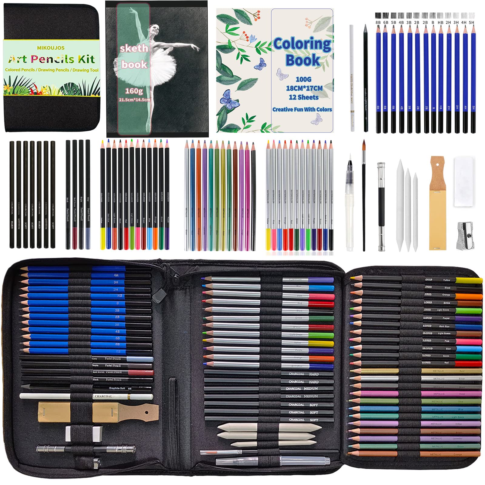 MIKOUJOS 72-Piece Drawing Set with Sketchbook and Coloring Book