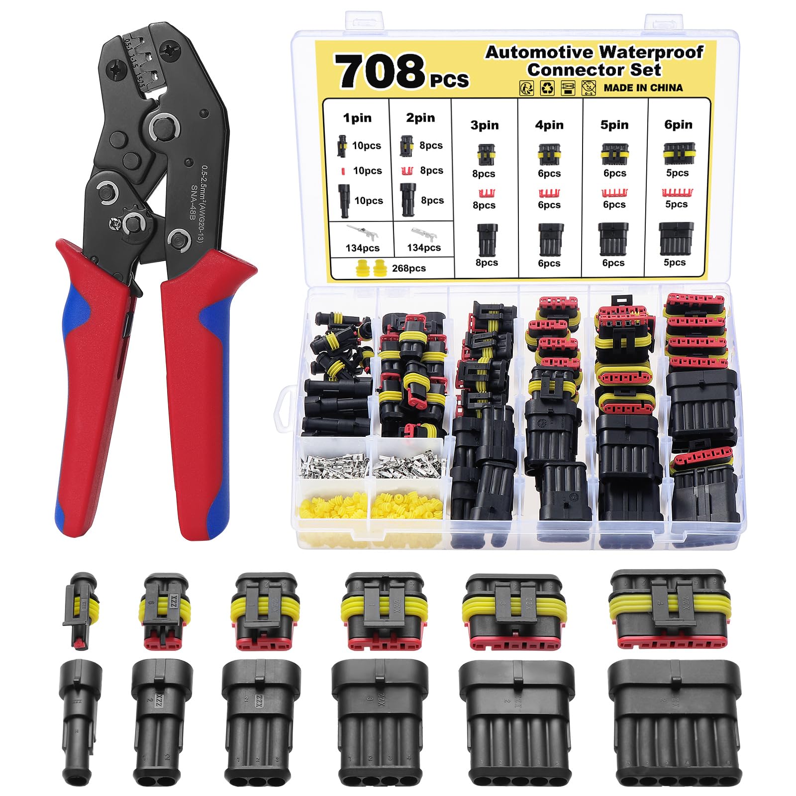 Mynoozi 708PCS Waterproof Car Electrical Wire Connector Kit | 1-6 Pin