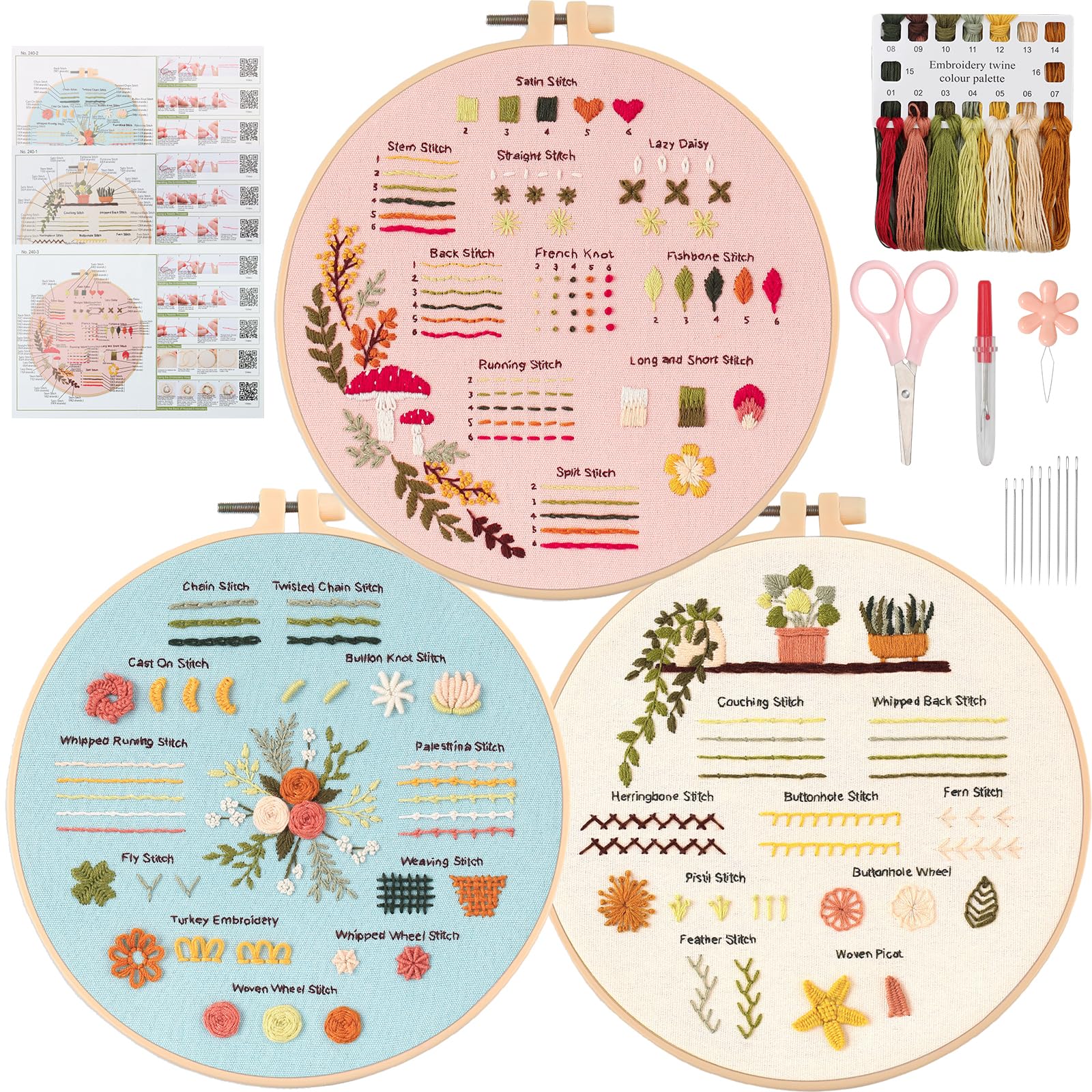 UXORSN 30-Stitch Embroidery Kit for Beginners | 3-Set Floral Practice Kit