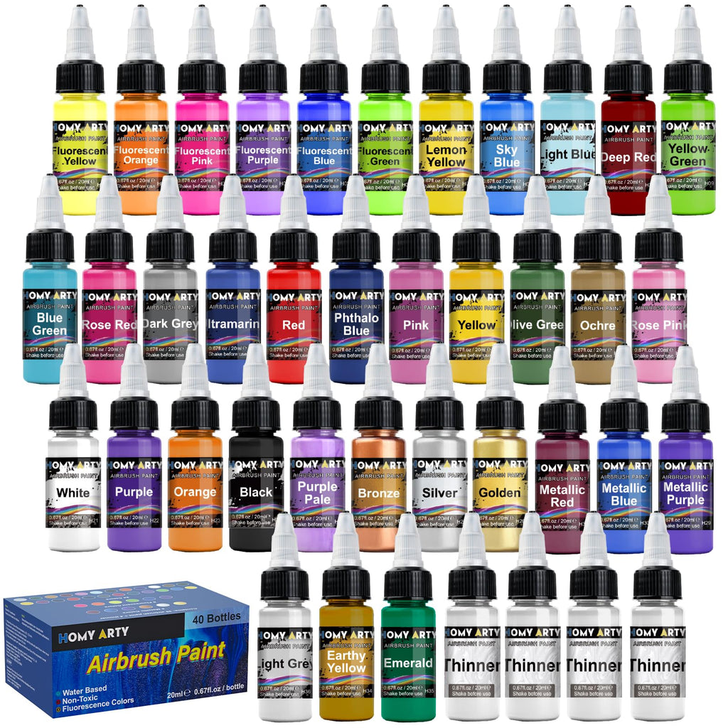 HOMY ARTY Airbrush Paint Set - 36 Water-Based Colors with 4 Thinners