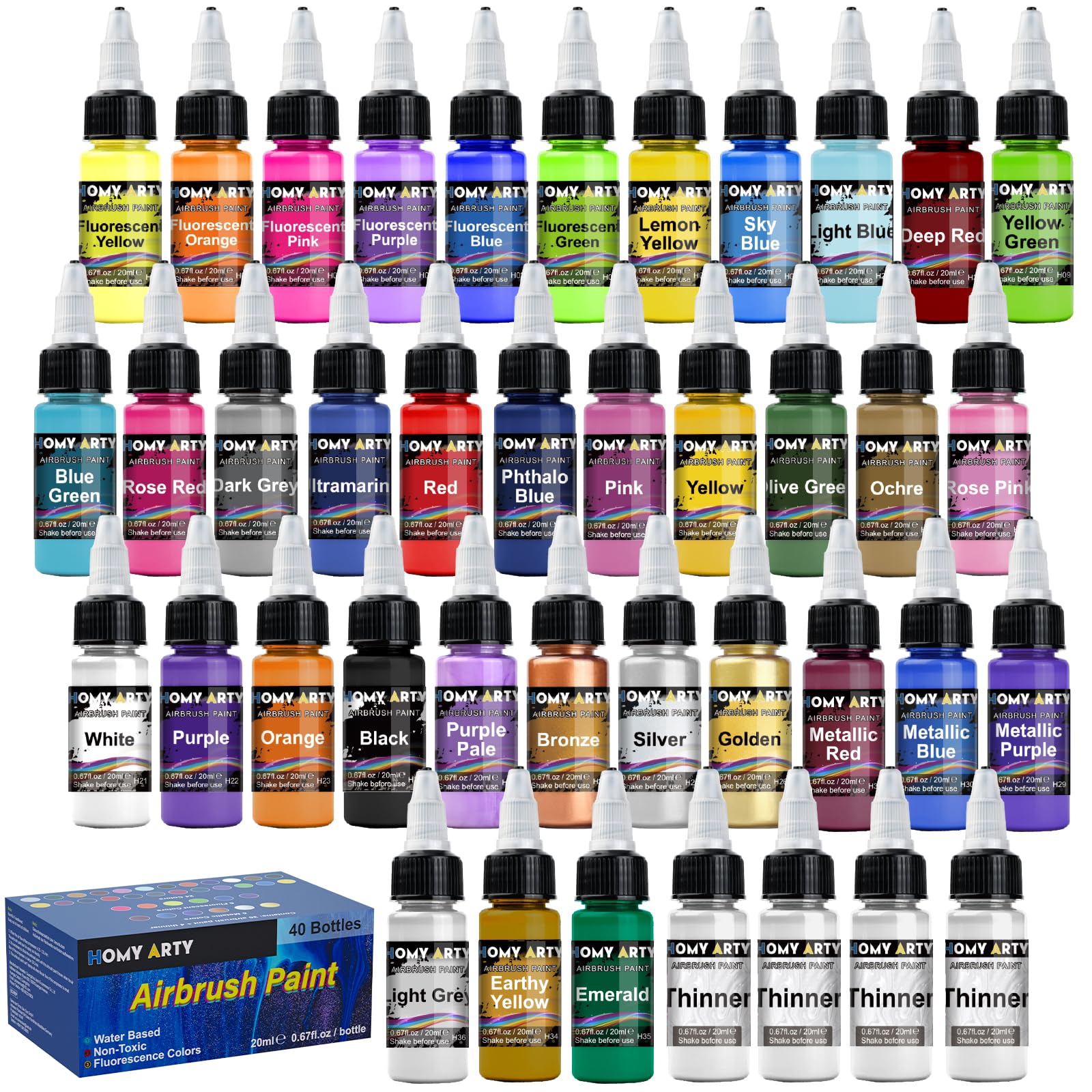 HOMY ARTY Airbrush Paint Set - 36 Water-Based Colors with 4 Thinners