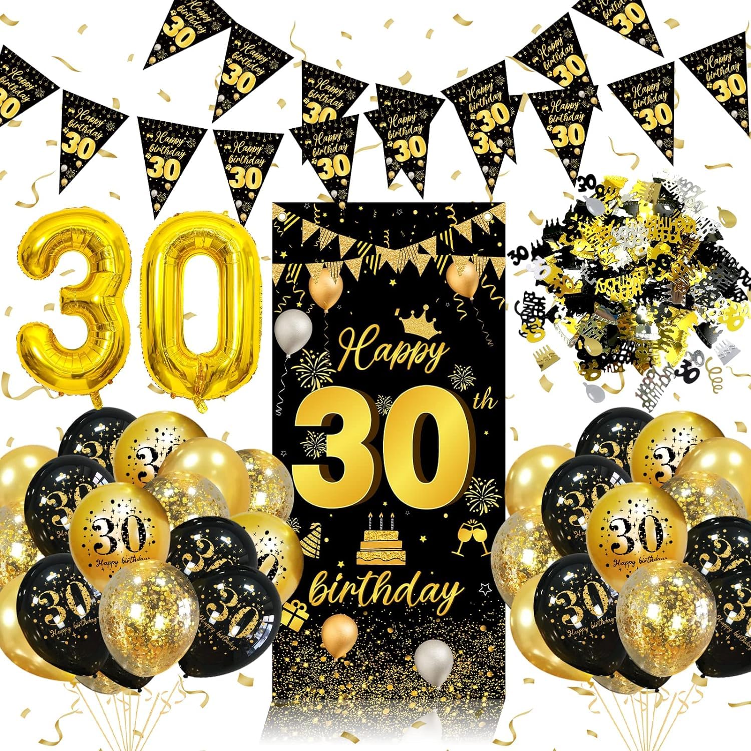 30th Birthday Decorations - Black & Gold Balloon Banner Kit