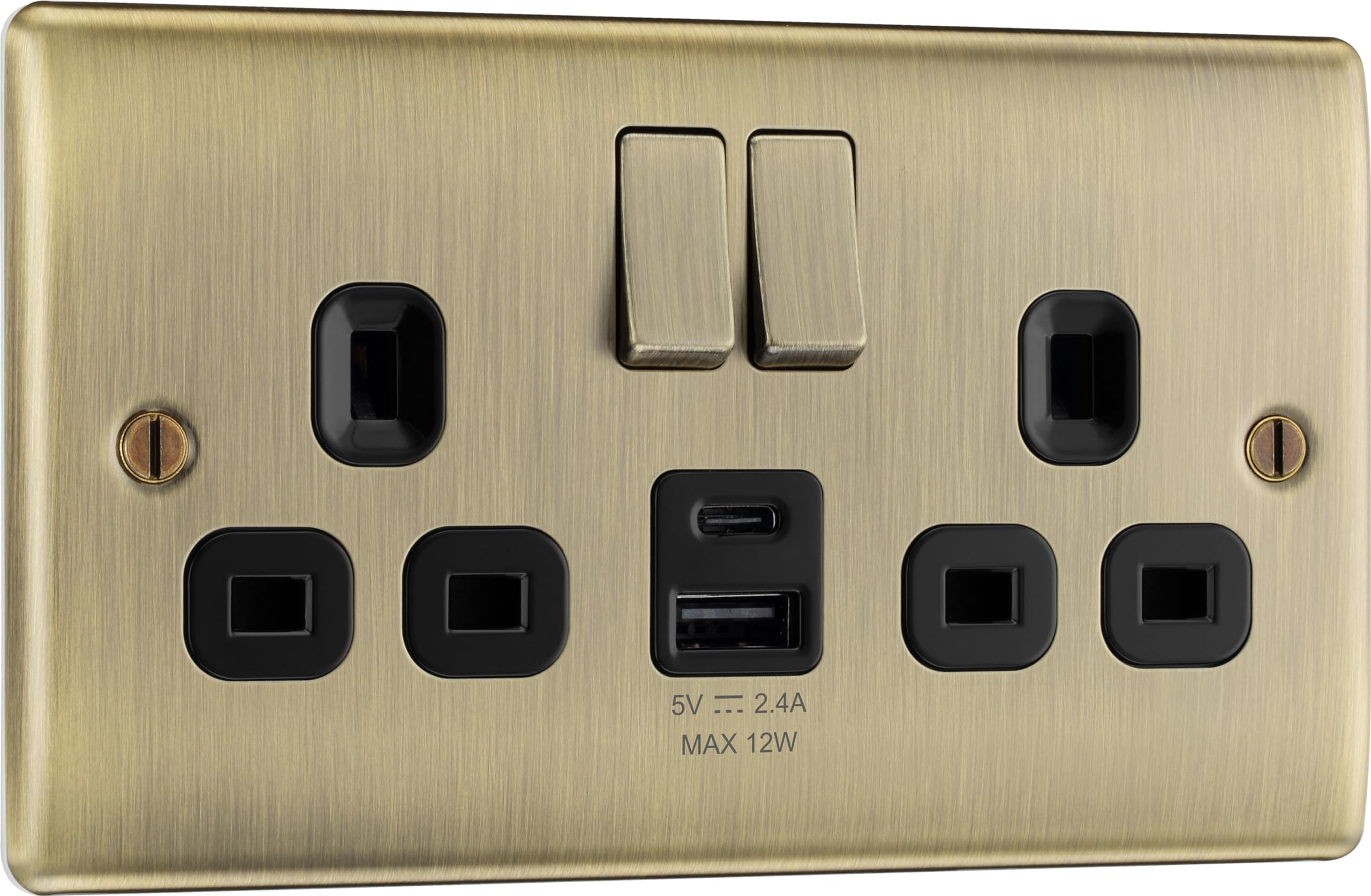 BG Electrical Double Switched Socket with USB A & C - Antique Brass