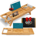 SereneLife Bamboo Bathtub Caddy – Expandable Tray with Wine Glass Holder