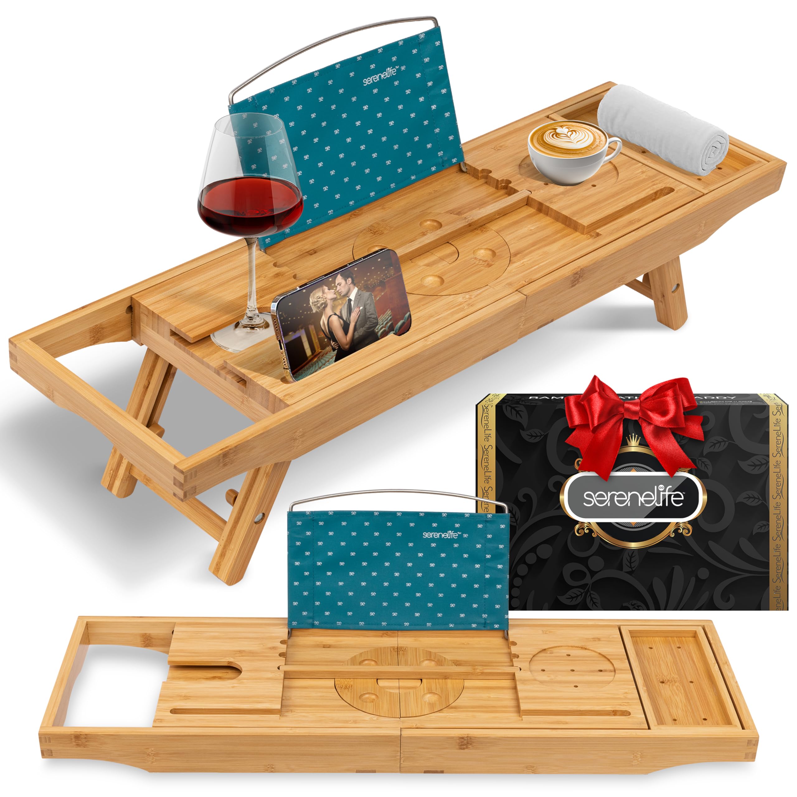SereneLife Bamboo Bathtub Caddy – Expandable Tray with Wine Glass Holder
