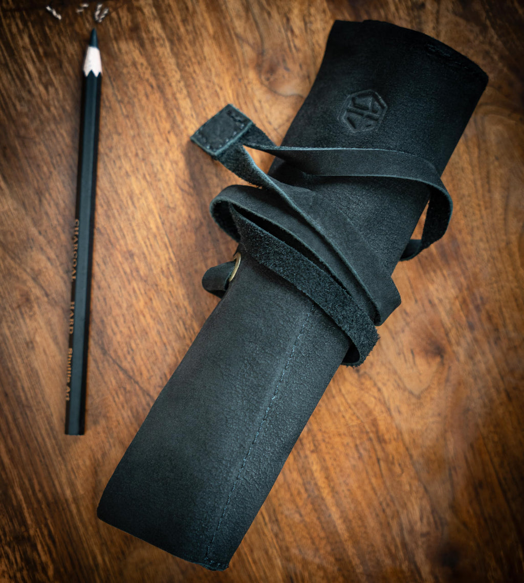 Angus Stoke Leather Roll Bag Black - Handmade Leather Case for Pens, Brushes and Accessories, 4 Compartments, Leonardo - image 5