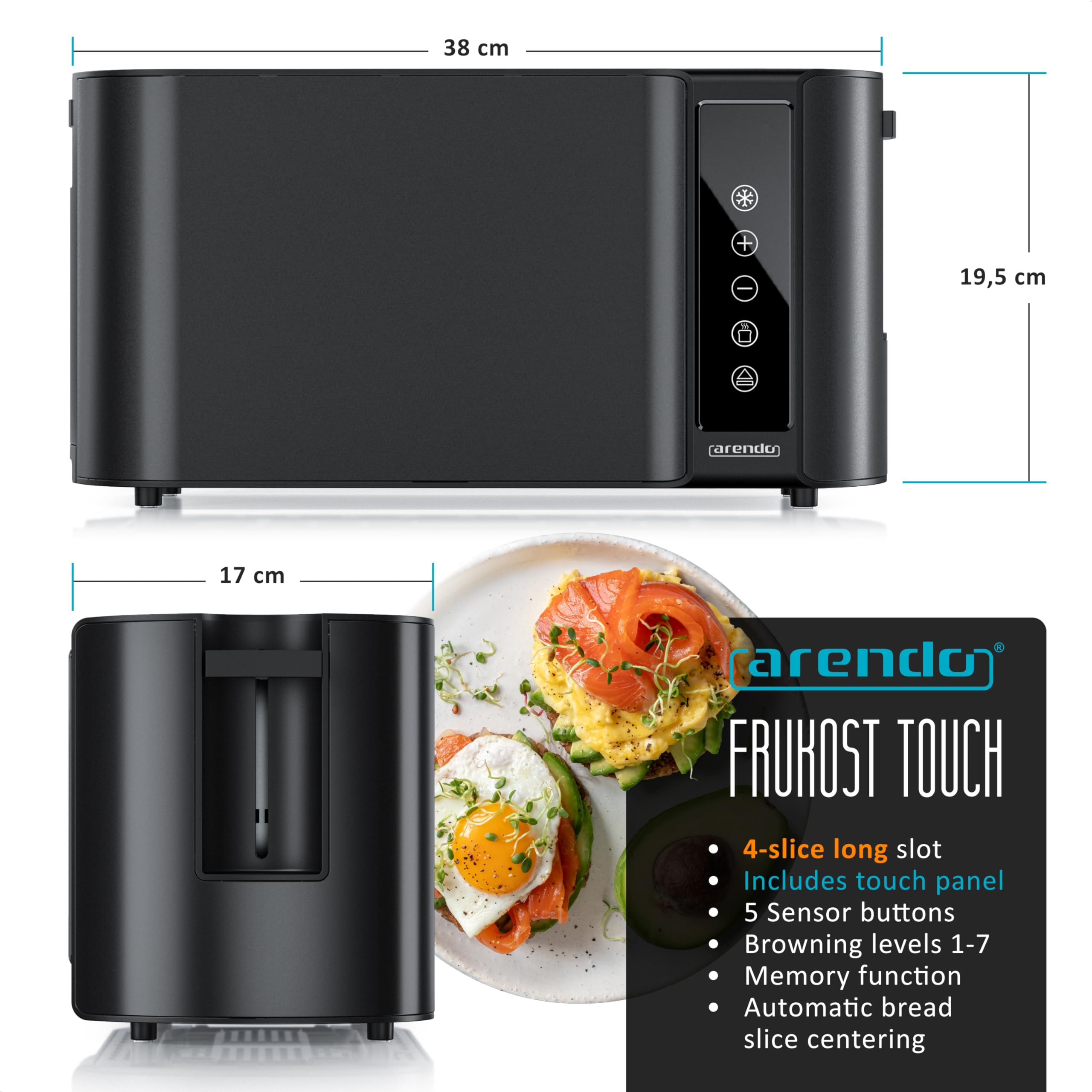 Arendo 4-Slice Long Slot Toaster with Touch Panel and Warming Rack