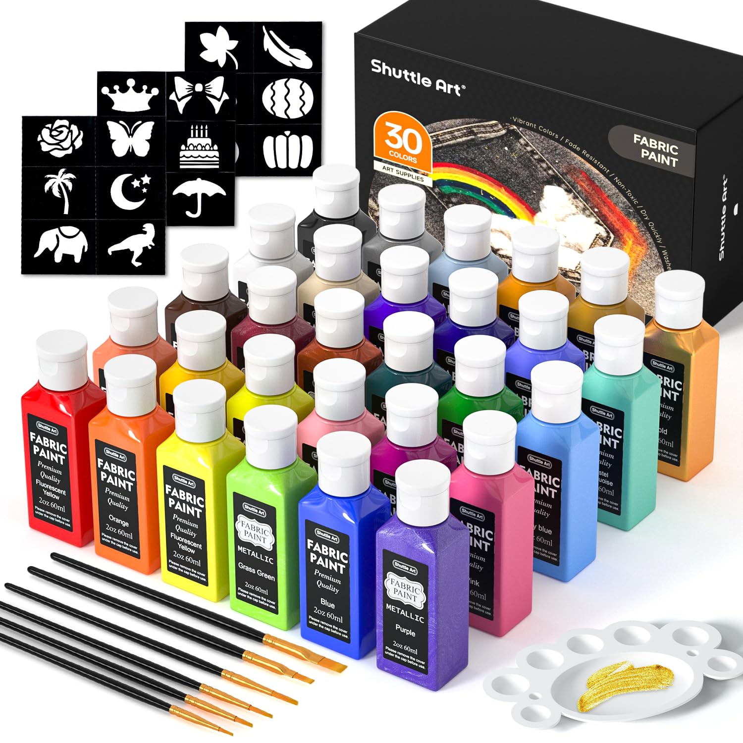 Shuttle Art Permanent Fabric Paint Set - 30 Colors for Clothes & DIY