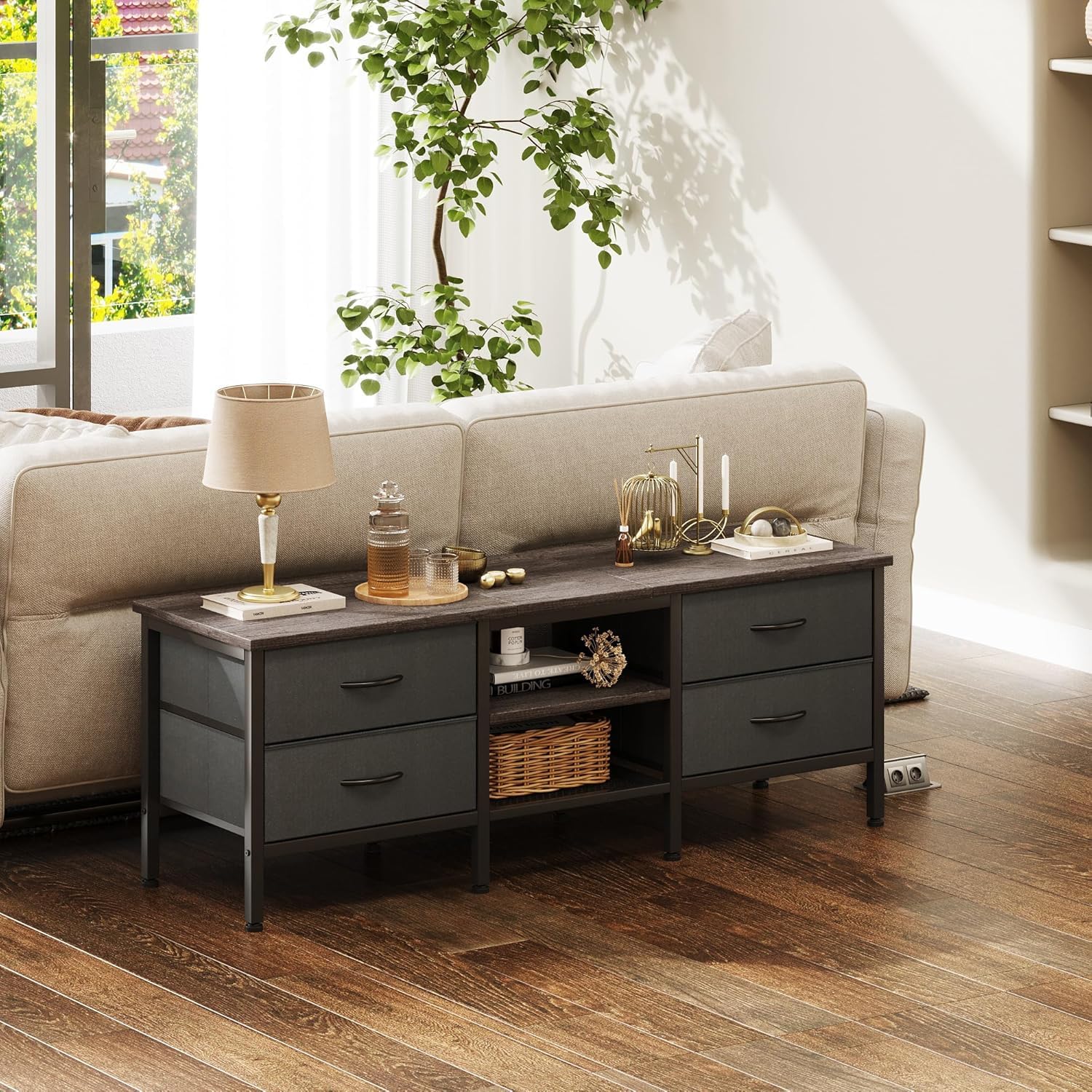 CAIYUN 55 Inch TV Stand with 4 Drawers - Industrial Media Console, Grey