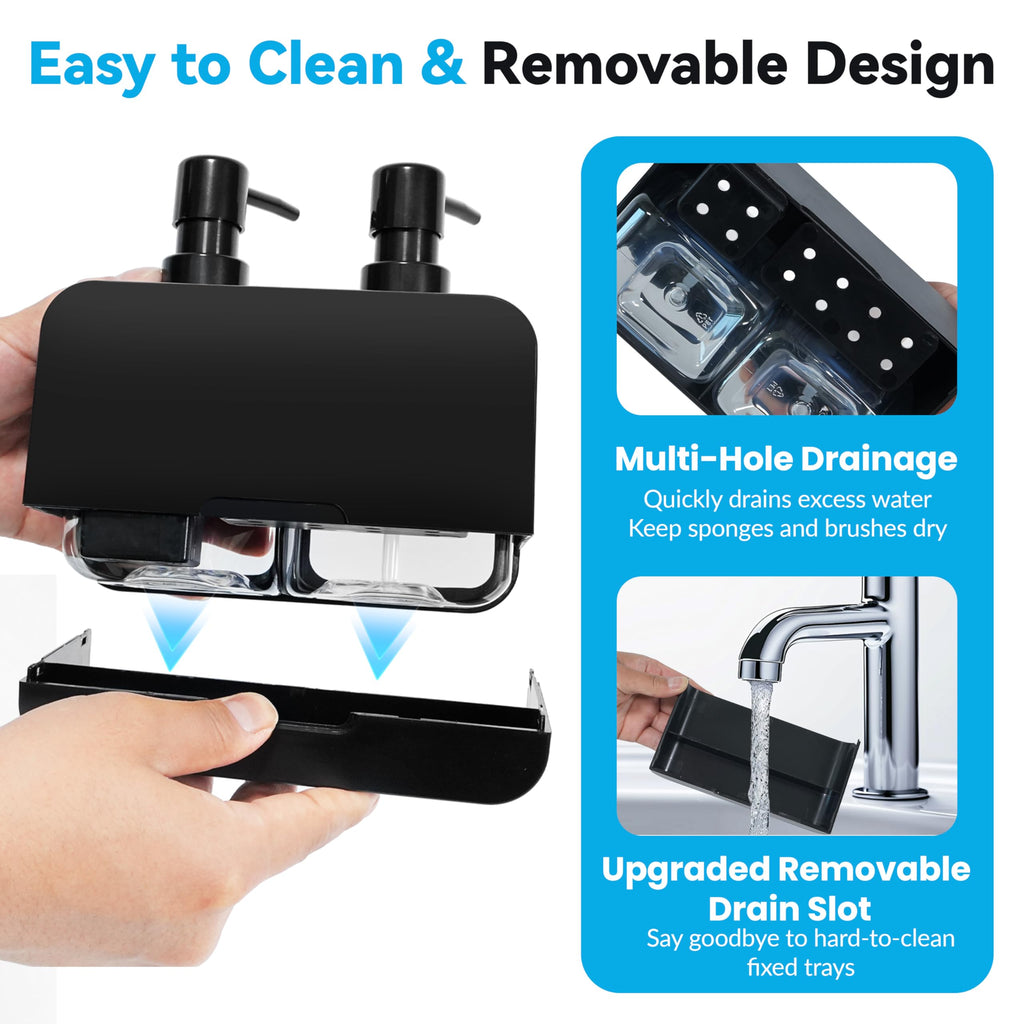 4-in-1 Kitchen Soap Dispenser Set - Dual Hand & Dish Soap Dispenser with Sponge Caddy & Brush Holder - Kitchen Sink Organizer for Countertop Black