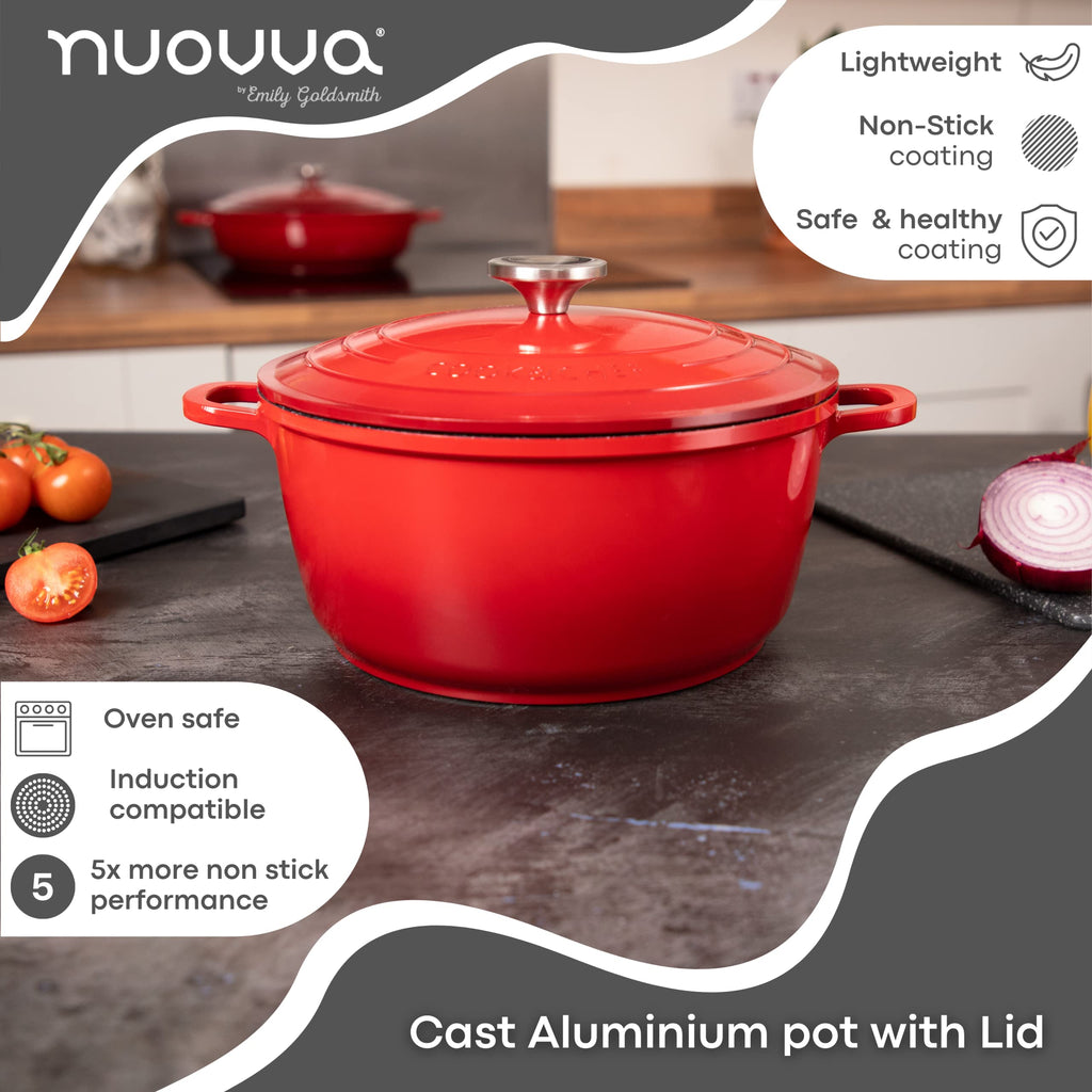 Nuovva Non-Stick Aluminium Dutch Oven – 4L Red Casserole Pot with Lid