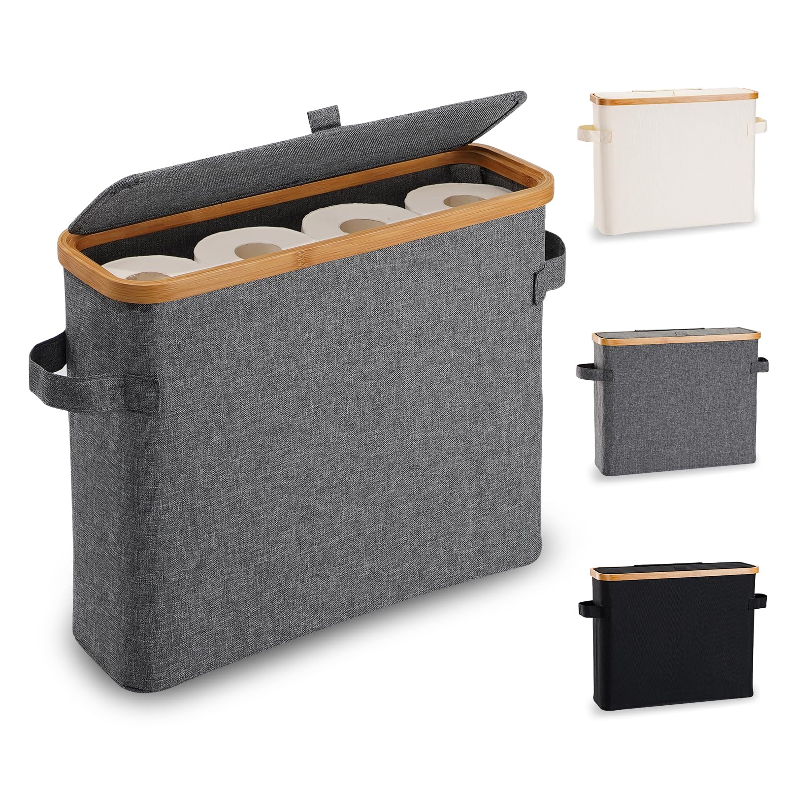 Jolof Store Bamboo Toilet Roll Storage Basket with Lid – Gray Organiser
