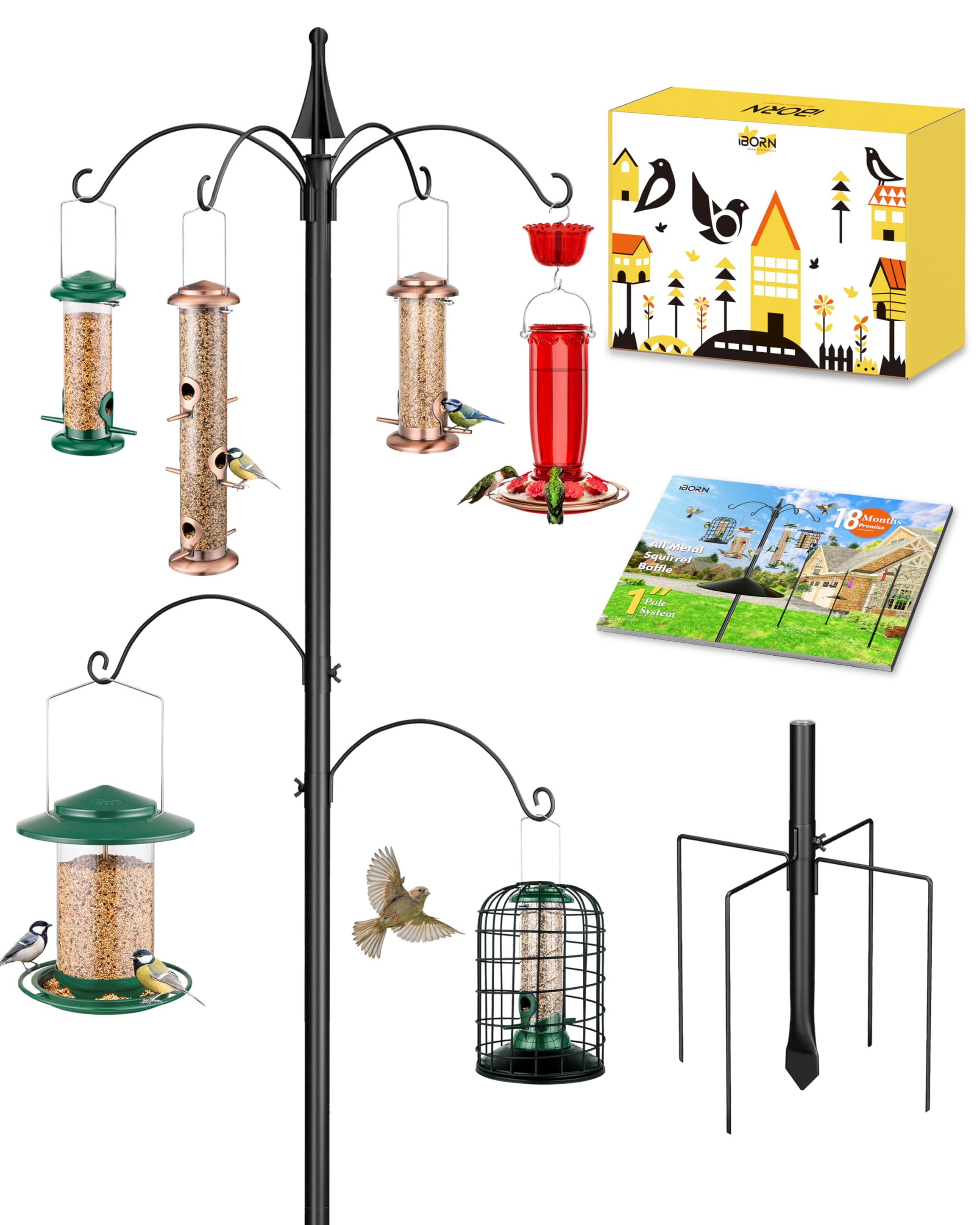 iBorn 87-Inch Bird Feeding Station – Heavy Duty 6-Hook Pole with 5-Prong Base