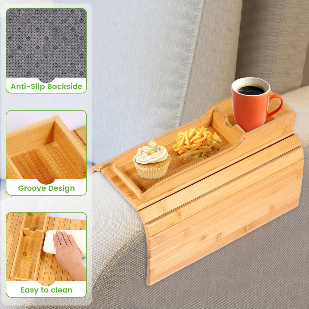 Foldable Sofa Arm Tray Table - Natural Pine Wood Side Table, Armrest Clip Tray, Waterproof Couch Organizer, Drink Snack Remote Control Holder D