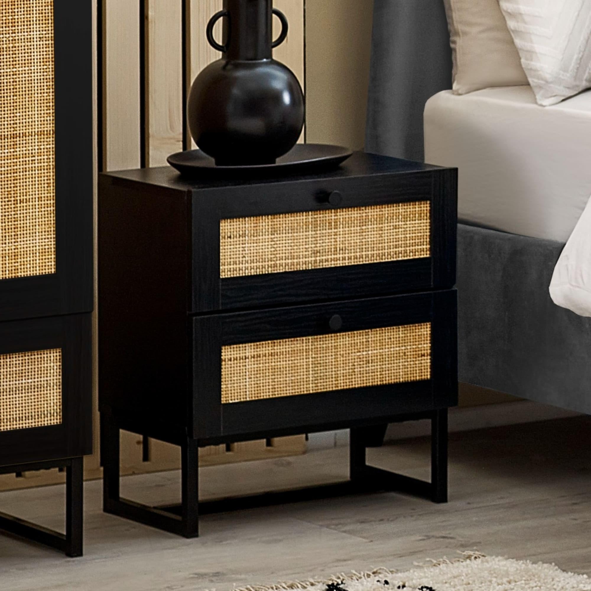 Julian Bowen Padstow 2 Drawer Bedside Table – Black Rattan & Wood