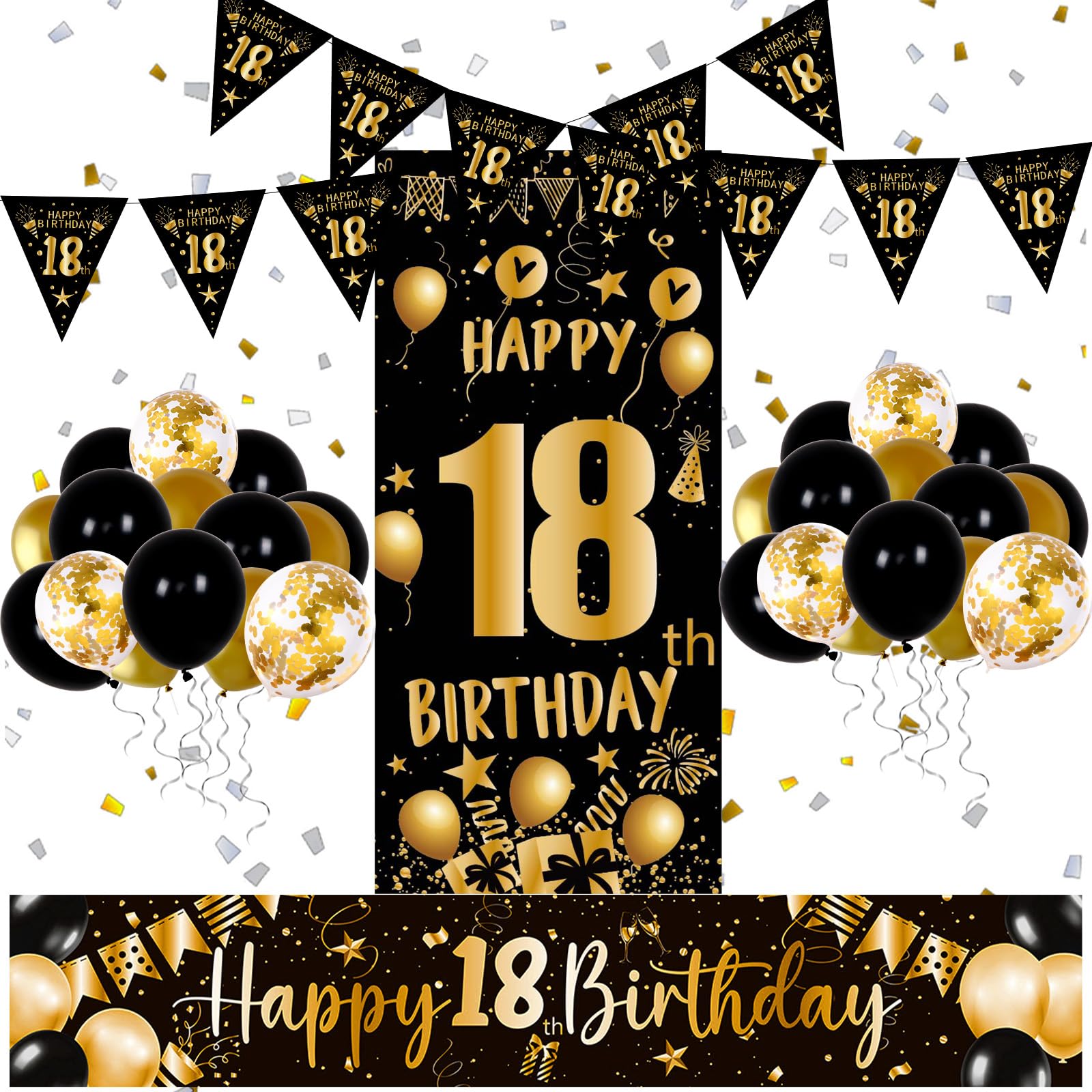 18th Birthday Decorations - Black and Gold Banner & Balloon Kit