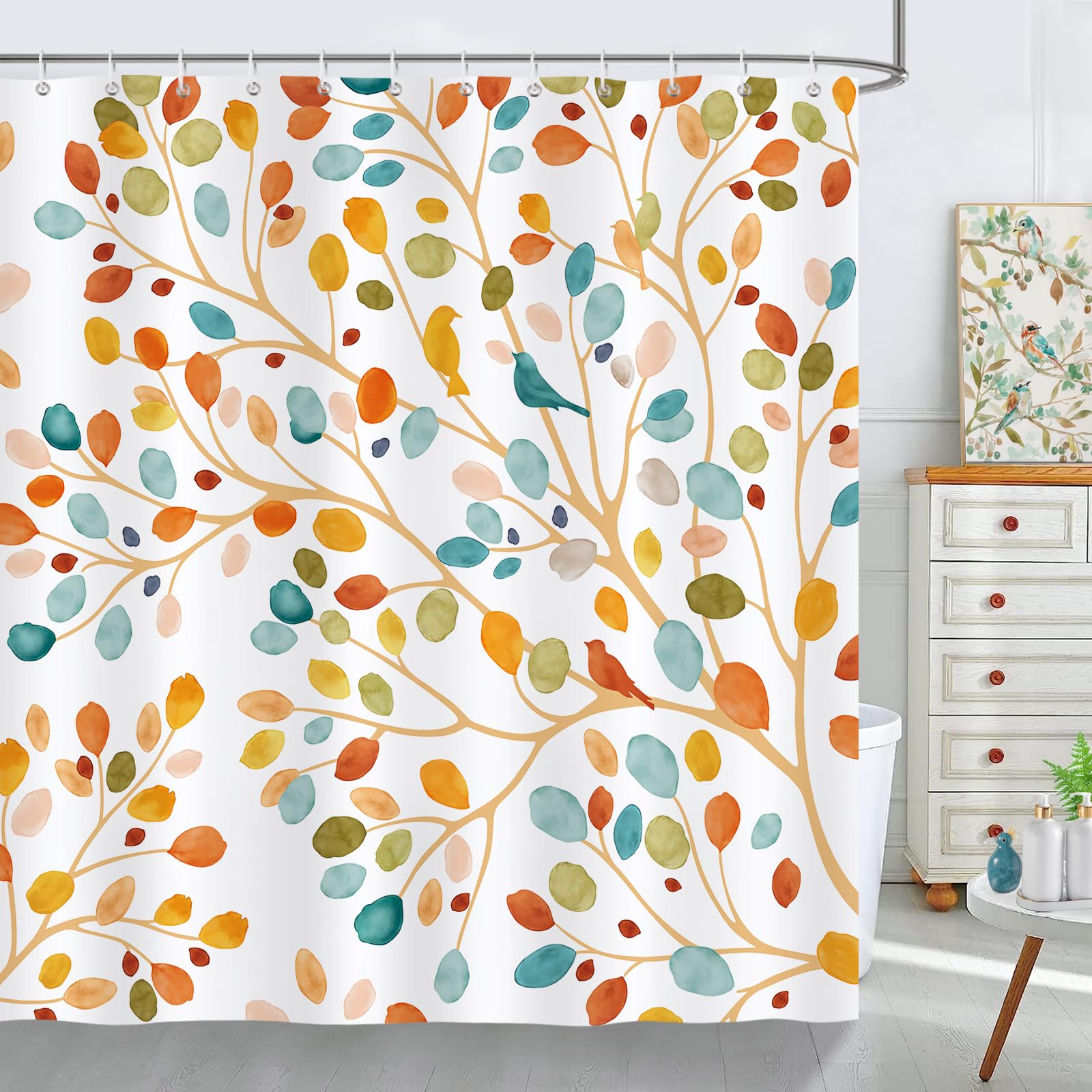 Bonhause Colorful Leaves Shower Curtain | Boho Floral Polyester – 180x180cm