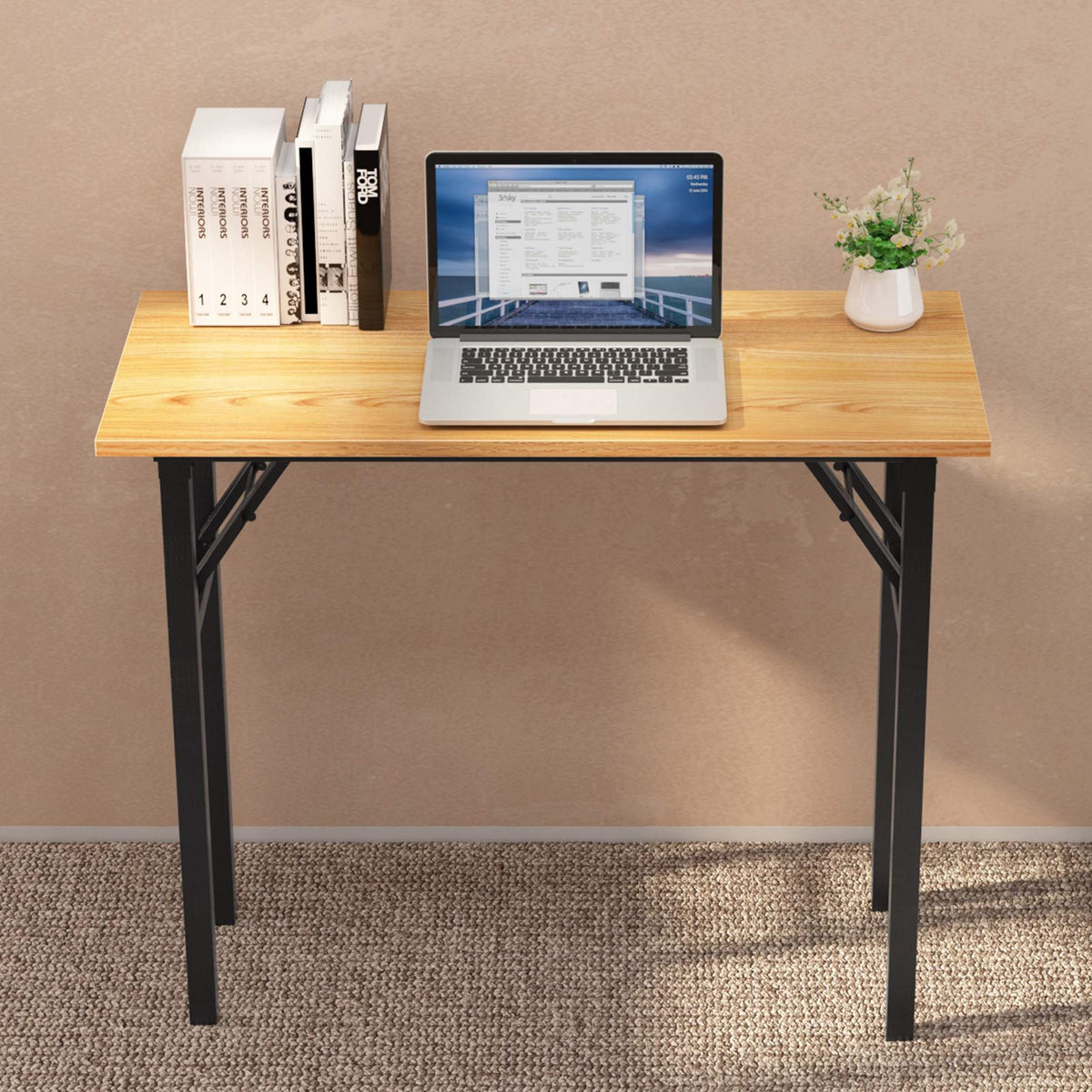 sogesfurniture Folding Table Office Study Writing Desk Workstation Dining Table, No Install Needed, 80x40x75cm, Teak&Black BHEU-LP-AC5YB-8040 - image 2